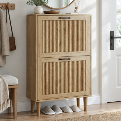 Semiocthome 23.6" Shoe Cabinet with 2 Flip Drawers, Small Fluted Doors, Shoe Storage Cabinet for Entryway,Natural