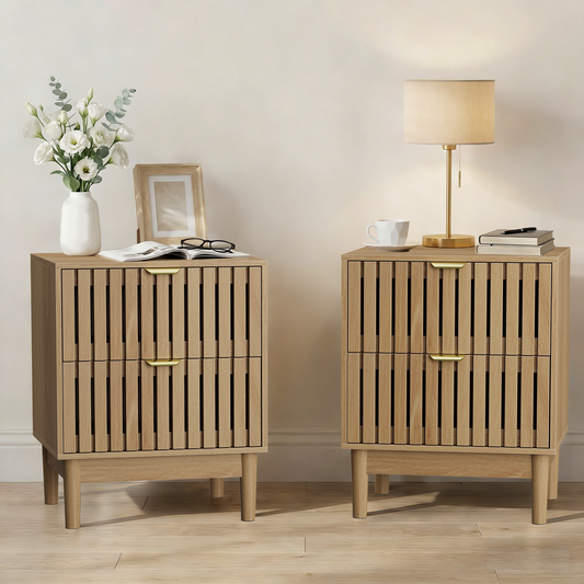 Semiocthome Nightstand Set of 2, Bedside Table with 2 Grille Drawers for Bedrooms, Natural Oak, Adult