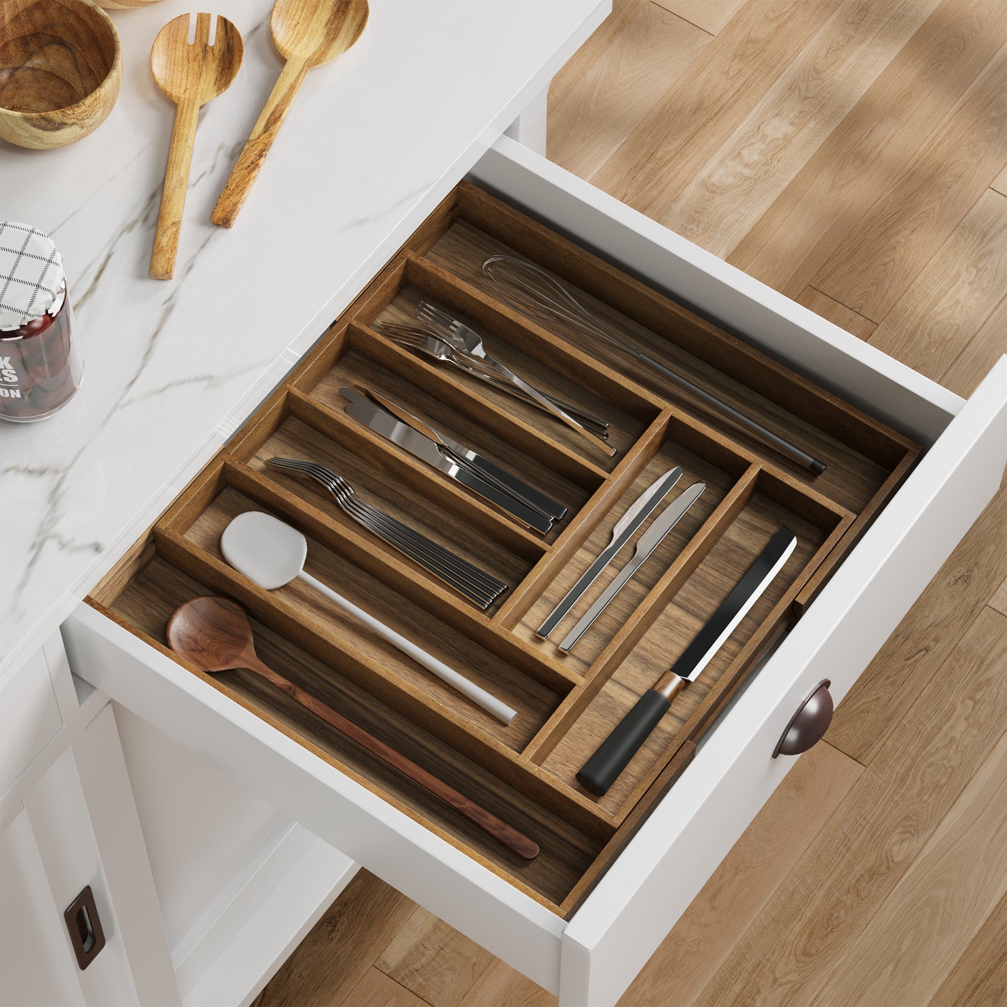 Semiocthome Acacia Wood Silverware Organizer Expandable Storage Drawer Organizer for Kitchen,8 Slot
