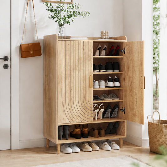 Semiocthome 6-Tier Shoe Cabinet with Line Groove Design and Adjustable Shelves for Entryway, Natural