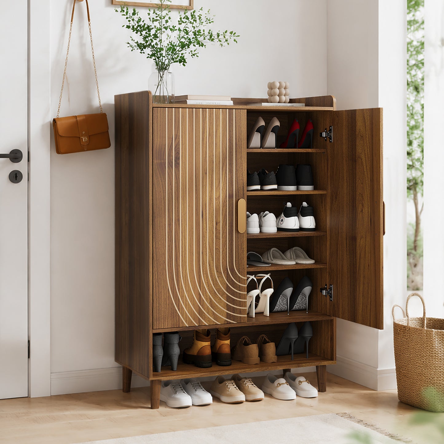 Semiocthome 6-Tier Shoe Cabinet with Line Groove Design and Adjustable Shelves for Entryway, Walnut