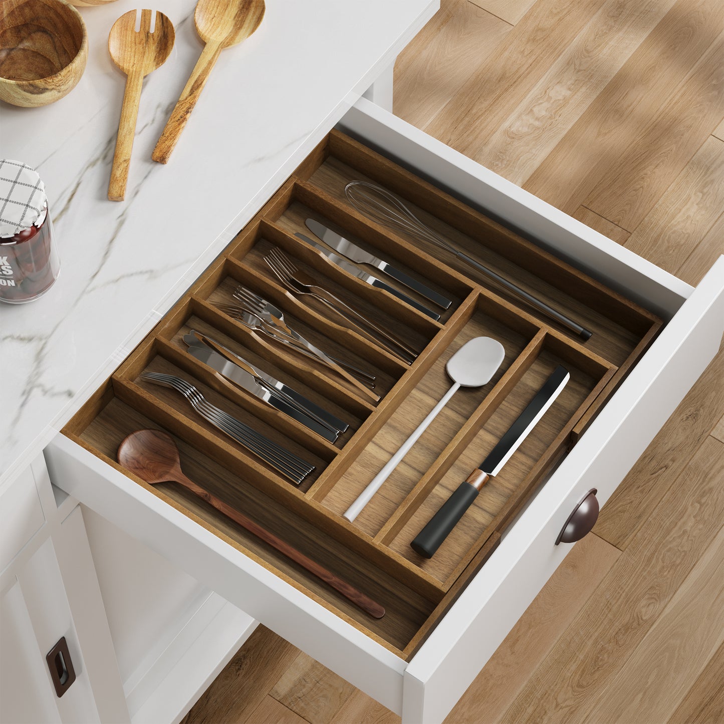 Semiocthome Acacia Wood Silverware Organizer Expandable Storage Drawer Organizer for Kitchen,9 Slot