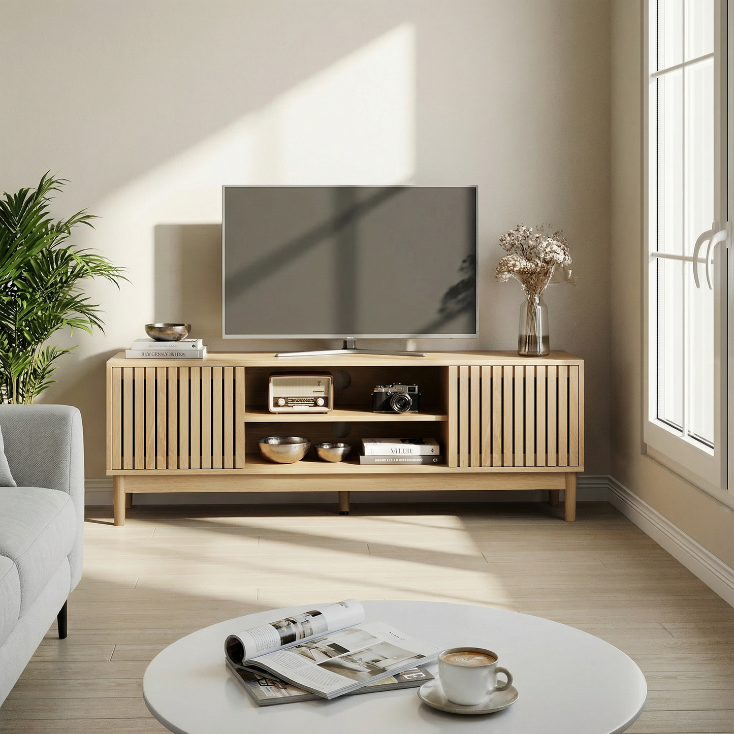 Semiocthome 55" TV Stand with Slatted Doors and Cable Holes, Entertainment Center for Living Room, Natural