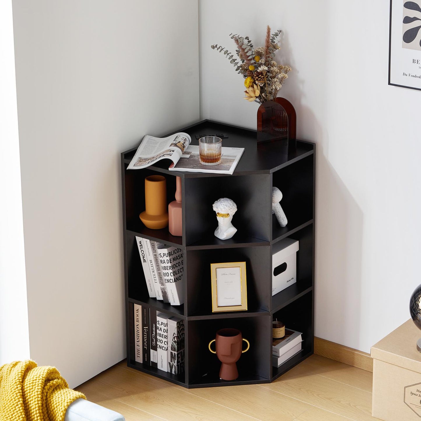 Smuxee Modern Corner Shelf with Cube Storage,USB Outlets Charging Station,Home Corner Cabinet