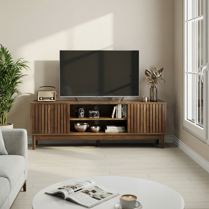 Semiocthome 55" TV Stand with Slatted Doors and Cable Holes, Entertainment Center for Living Room, Walnut