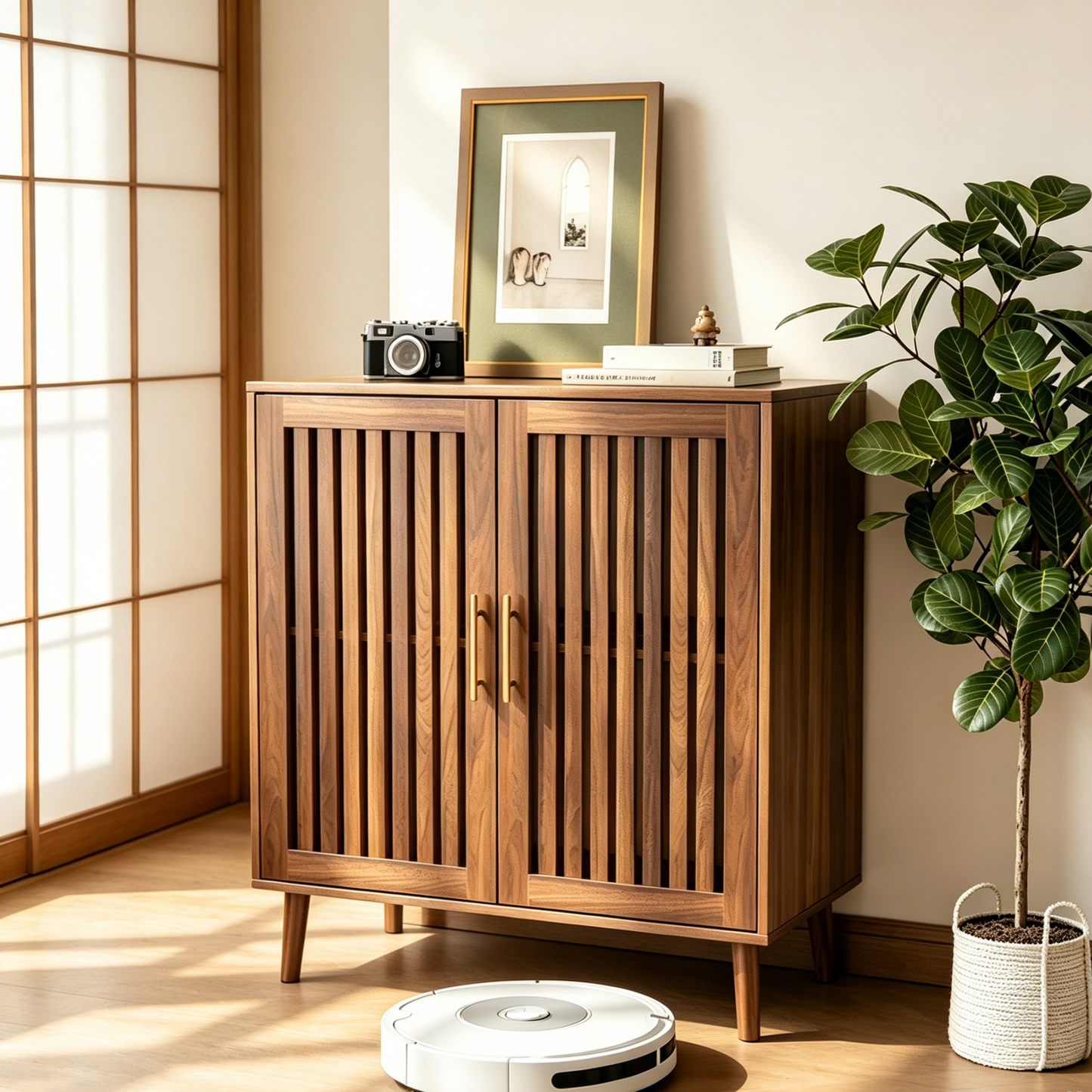 Algherohein Modern Sideboard Buffet with Slatted Barn Doors, Wood Accent Storage Consol, TV Stand, Coffee Bar for Dining Room