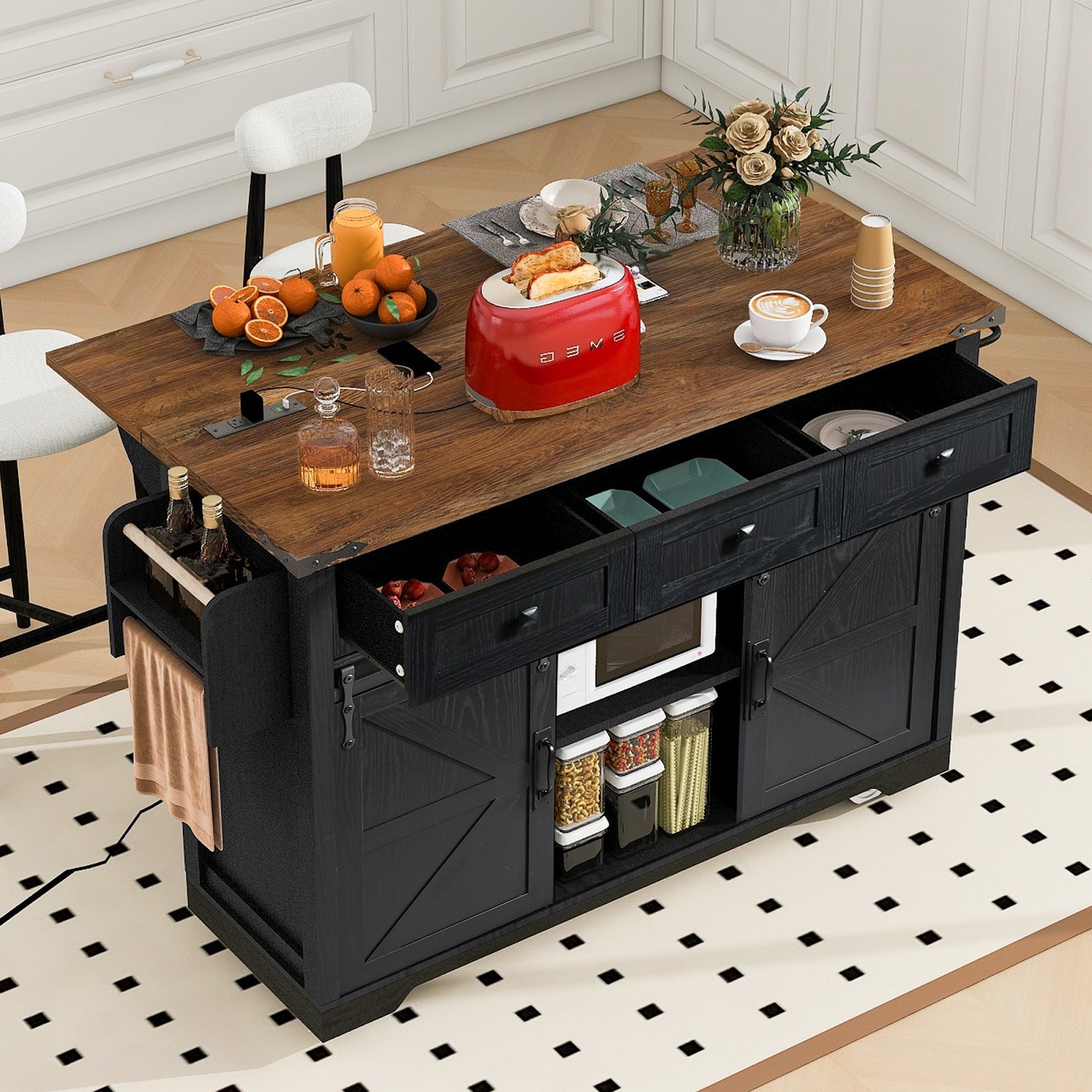 Algherohein Kitchen Island Cart with 2 Sliding Door and 3 Drawer,Storage Microwave Cart
