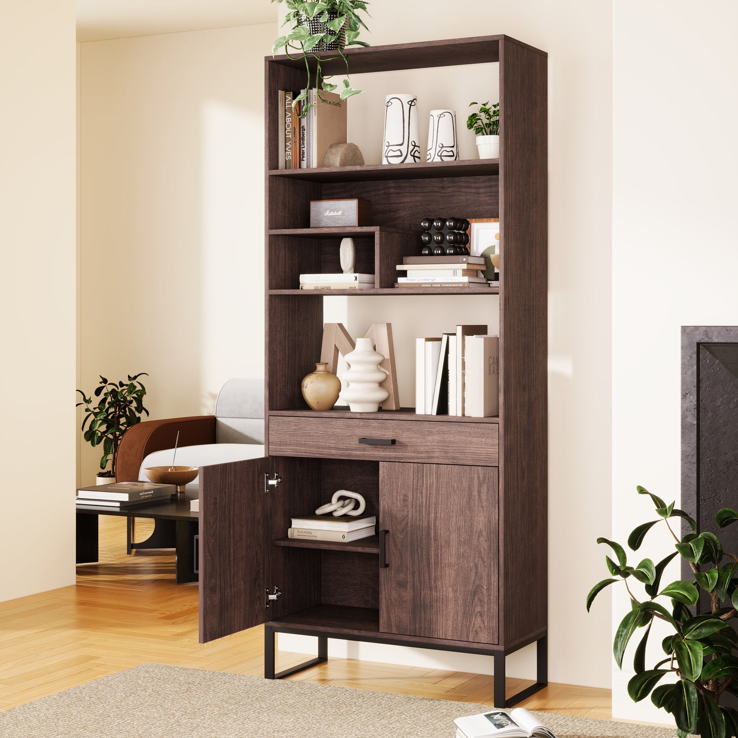 Semiocthome 75.9" Wooden Bookcase with Storage Doors and drawer Display Rack for Living Room,Brown