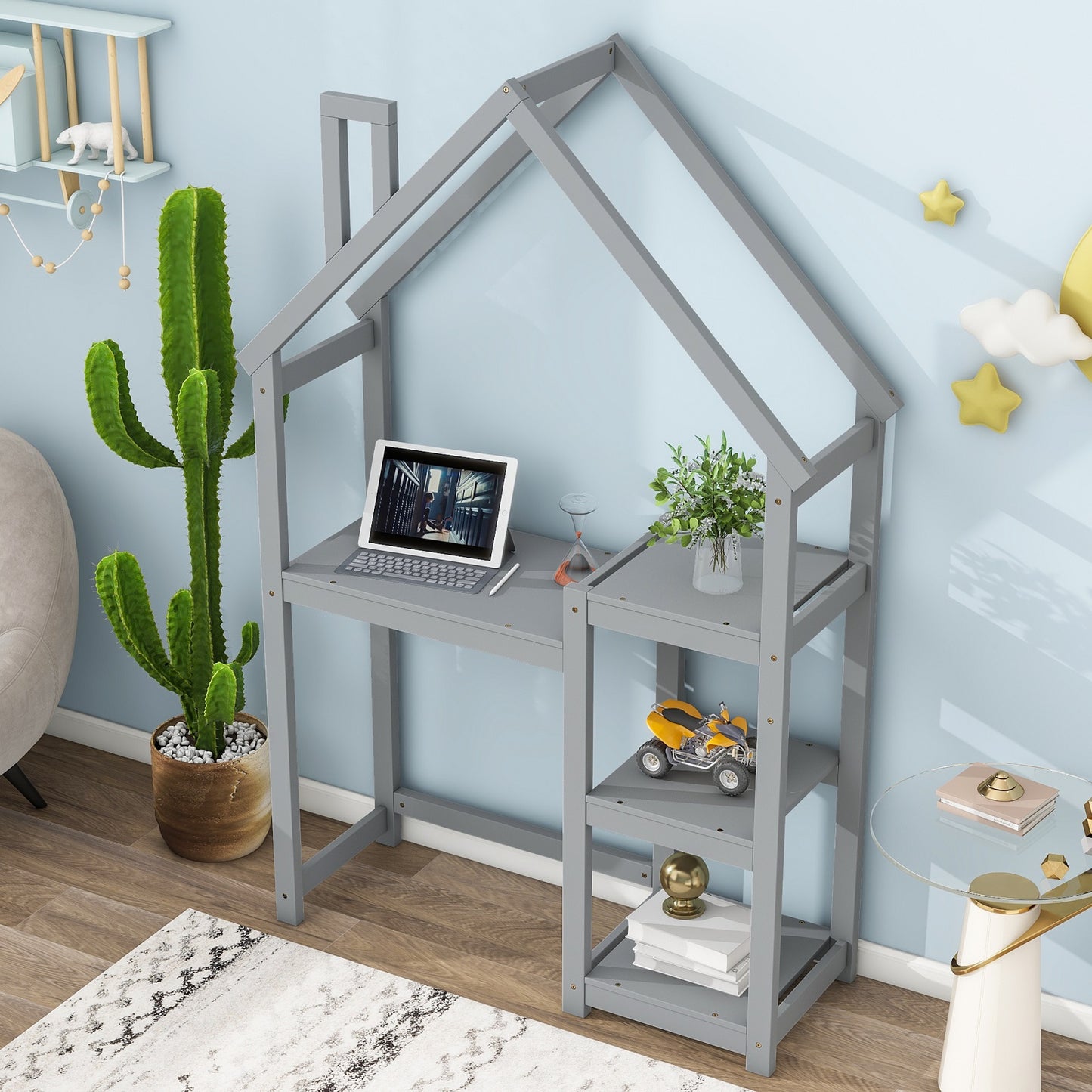 Smuxee Kid Bookshelf Storage with Desk and Roof-Framed,Toy Organizer Storage Cubes for Bedroom