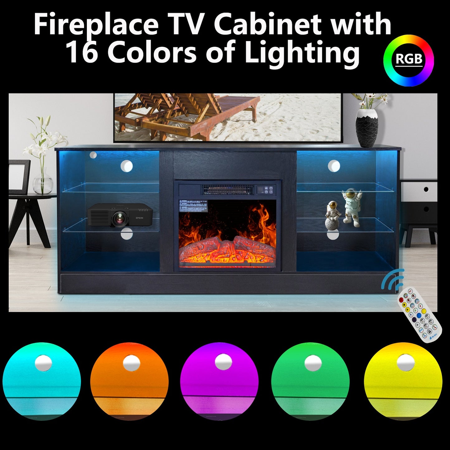 Algherohein Fireplace TV Stand for 65 inch TV,57.8in L Electric Fireplace Entertainment Center