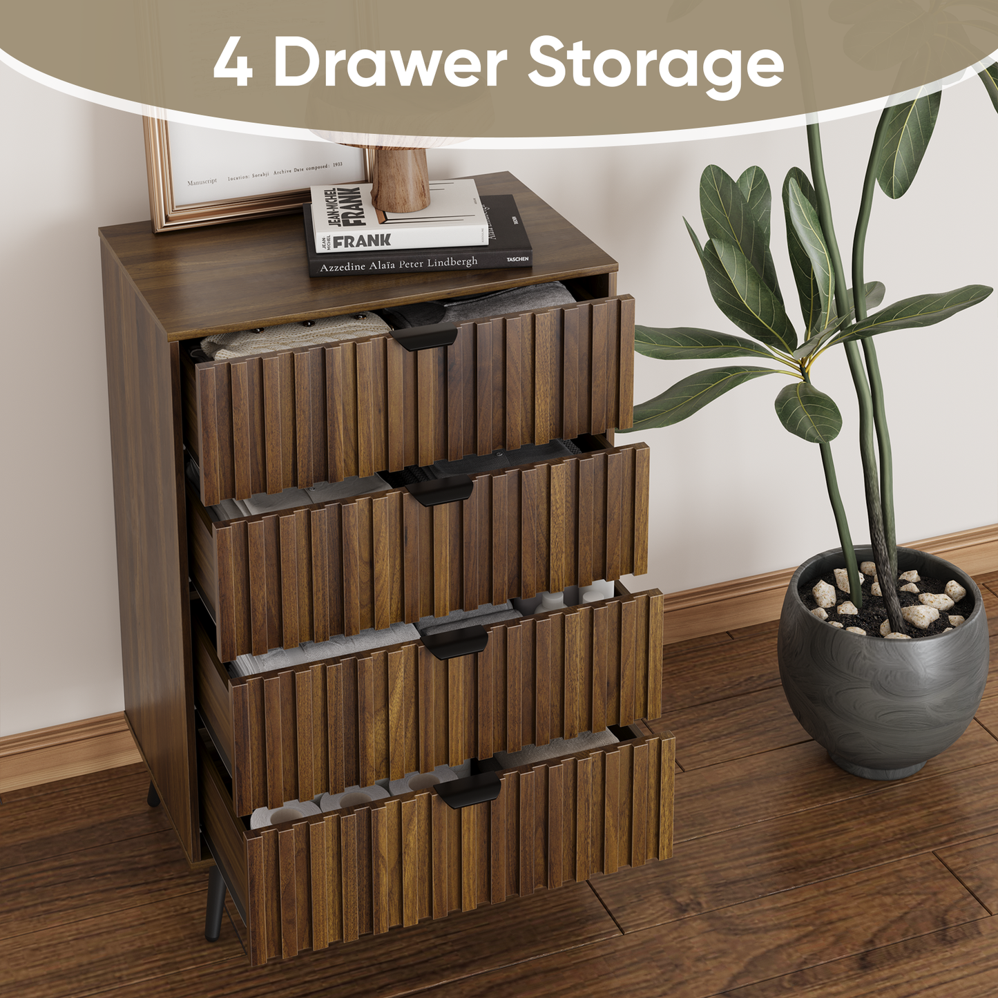 Semiocthome Dresser with 4 Fluted Drawers, Chest of Drawers Storage Cabinet, Walnut, Adult
