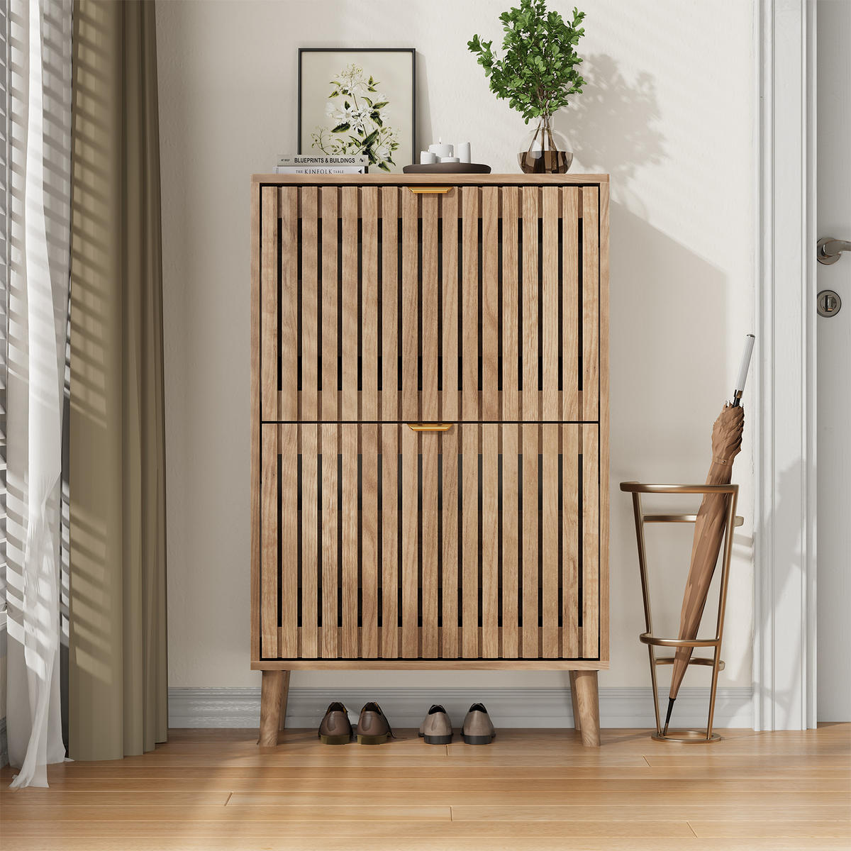 Semiocthome 23.6" Shoe Cabinet, Shoe Storage Cabinet with 2 Flip Drawers, Ventilated Grille Design,Tall Legs, Entryway, Natural