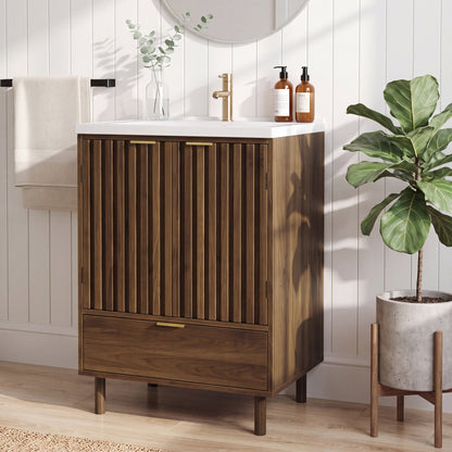 Semiocthome 24" Bathroom Vanity with Ceramic Sink, Storage Cabinet with 1 Drawers and 2 Fluted Doors, Walnut
