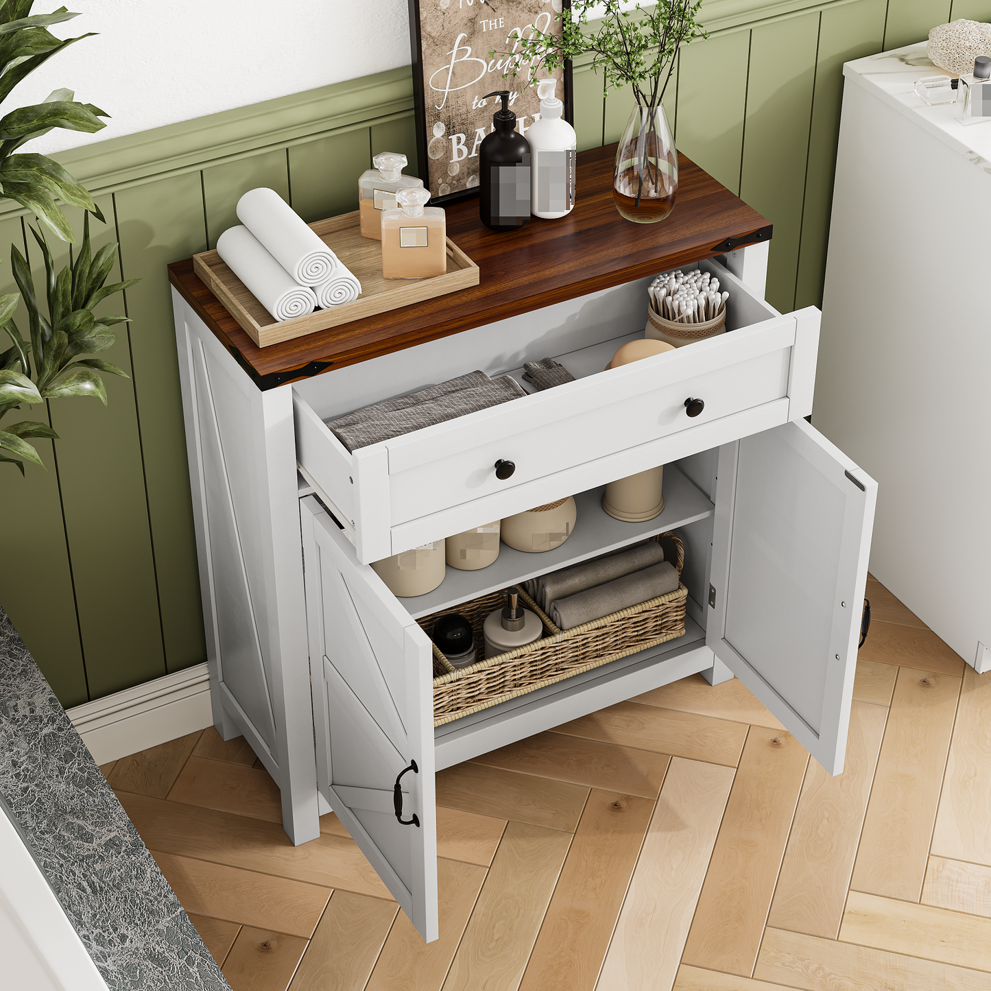 Smuxee Farmhouse Kitchen Sideboard Cabinet,Accent Cabinet with Drawer and Adjustable Shelf
