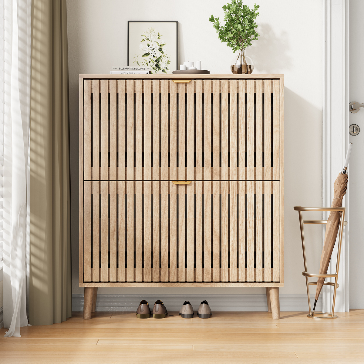 Semiocthome 31.5" Shoe Cabinet, Shoe Storage Cabinet with 2 Flip Drawers, Ventilated Grille Design,Tall Legs, Entryway, Natural
