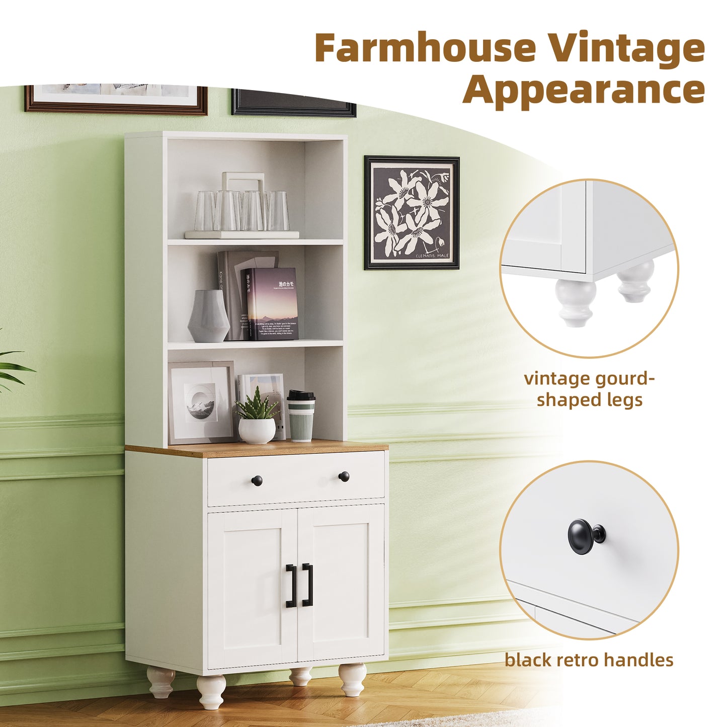 Algherohein Farmhouse Storage Cabinet,Kitchen Cabinets with Bookshelf,Drawer,Adjustable Shelf