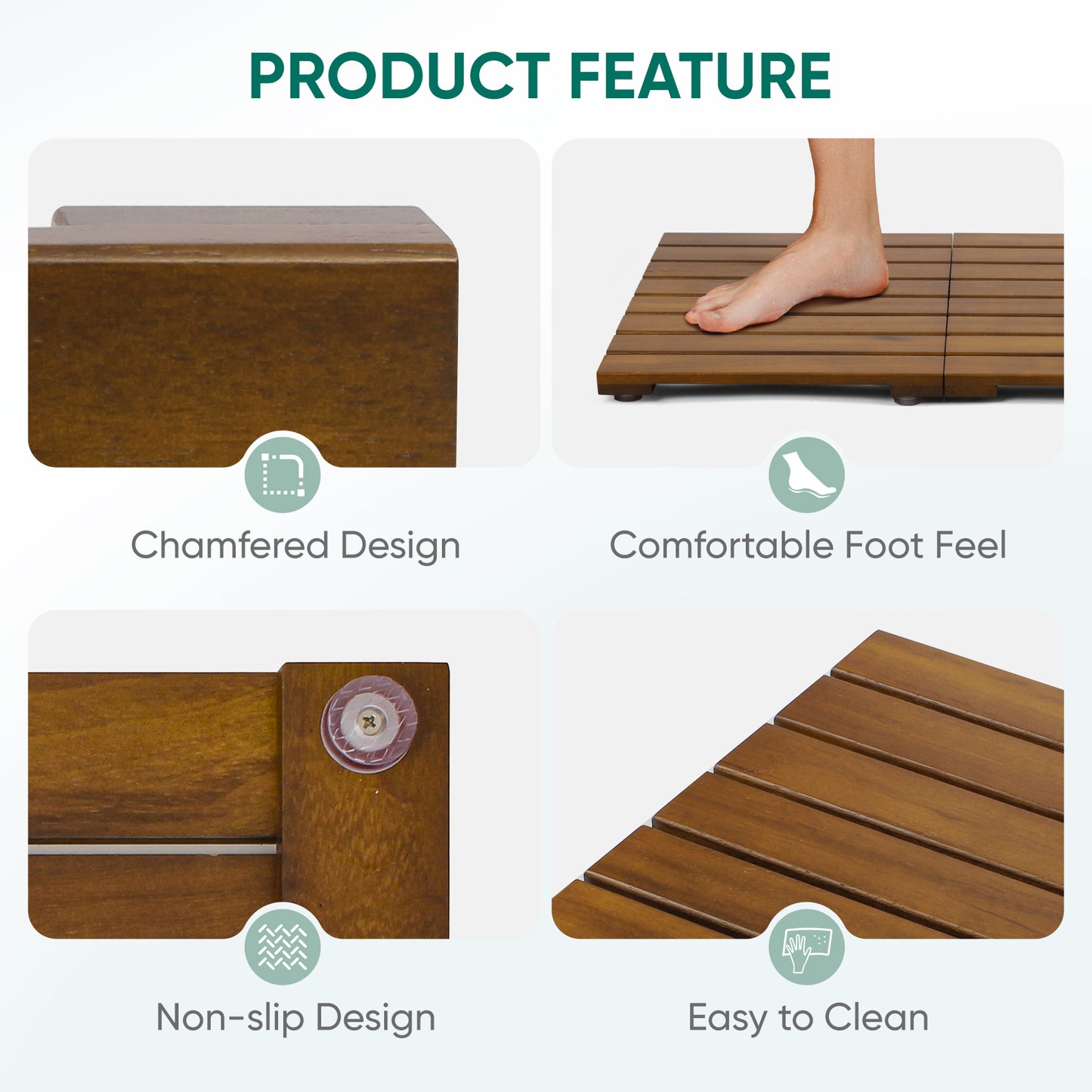 Smuxee Foldable Teak Wood Bath Mat,Non Slip Bathtub Mat 23.2in*16.2in,Indoor and Outdoor Use