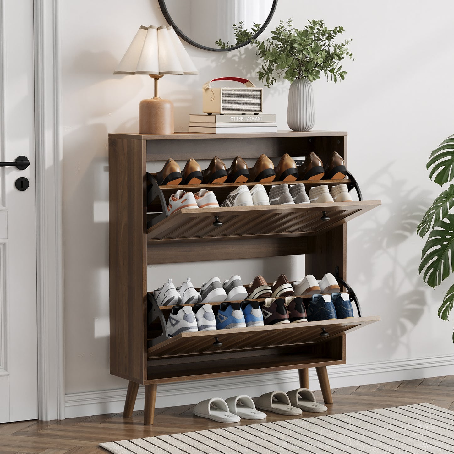 Semiocthome 31.5" Shoe Cabinet with 2 Flip Drawers, Farmhouse Shoe Rack for Entryway ,Walnut