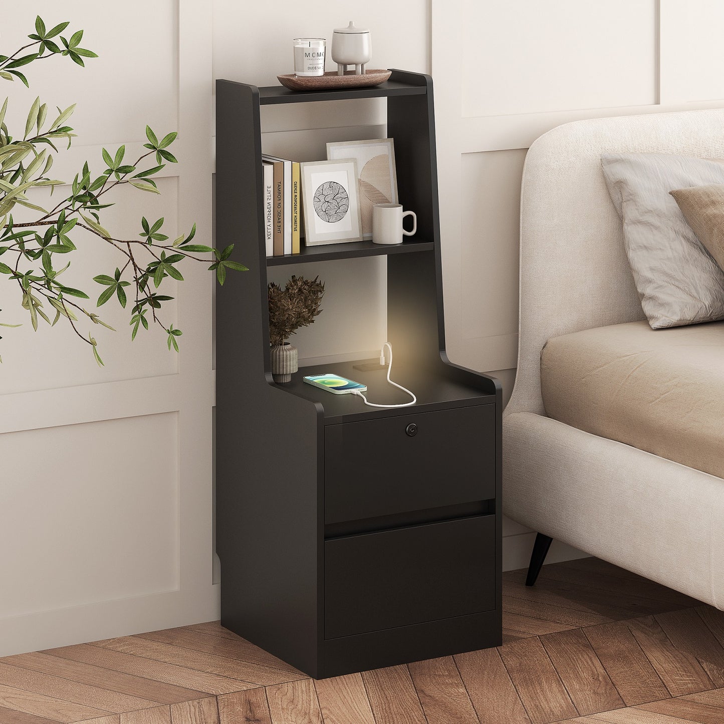Algherohein Tall Nightstand with Charging Station and Night Light,End Tables with 2 Drawers