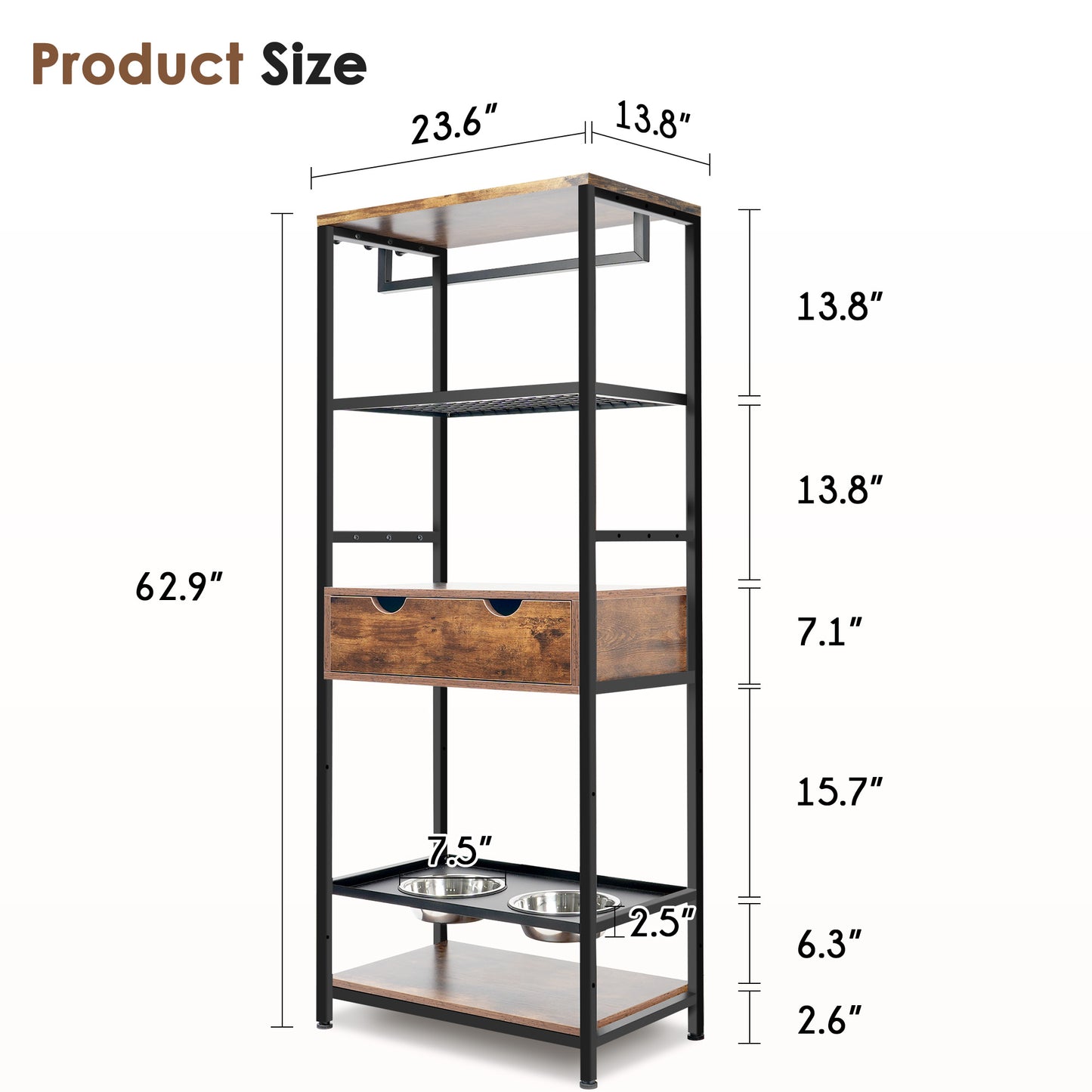 Smart FENDEE Dog Feeder Station with 3 Adjustable Raised Dog Bowls and Shelves for Living Room,Brown