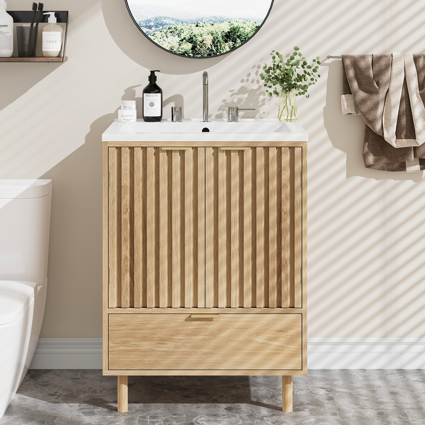 Smuxee Bathroom Vanity with Sink, Freestanding Wood Bathroom Storage Cabinet with Drawer & Doors