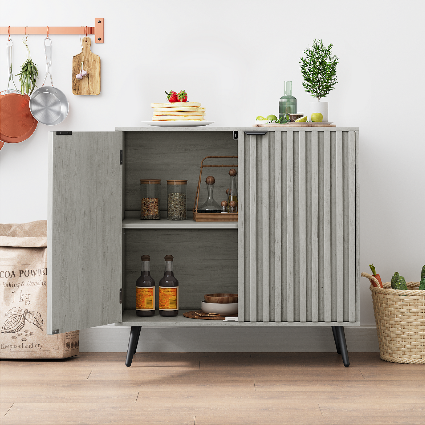 Algherohein Storage Cabinets with Adjustable Shelf and Fluted Doors,Buffet Cabinet with Storage,Gray
