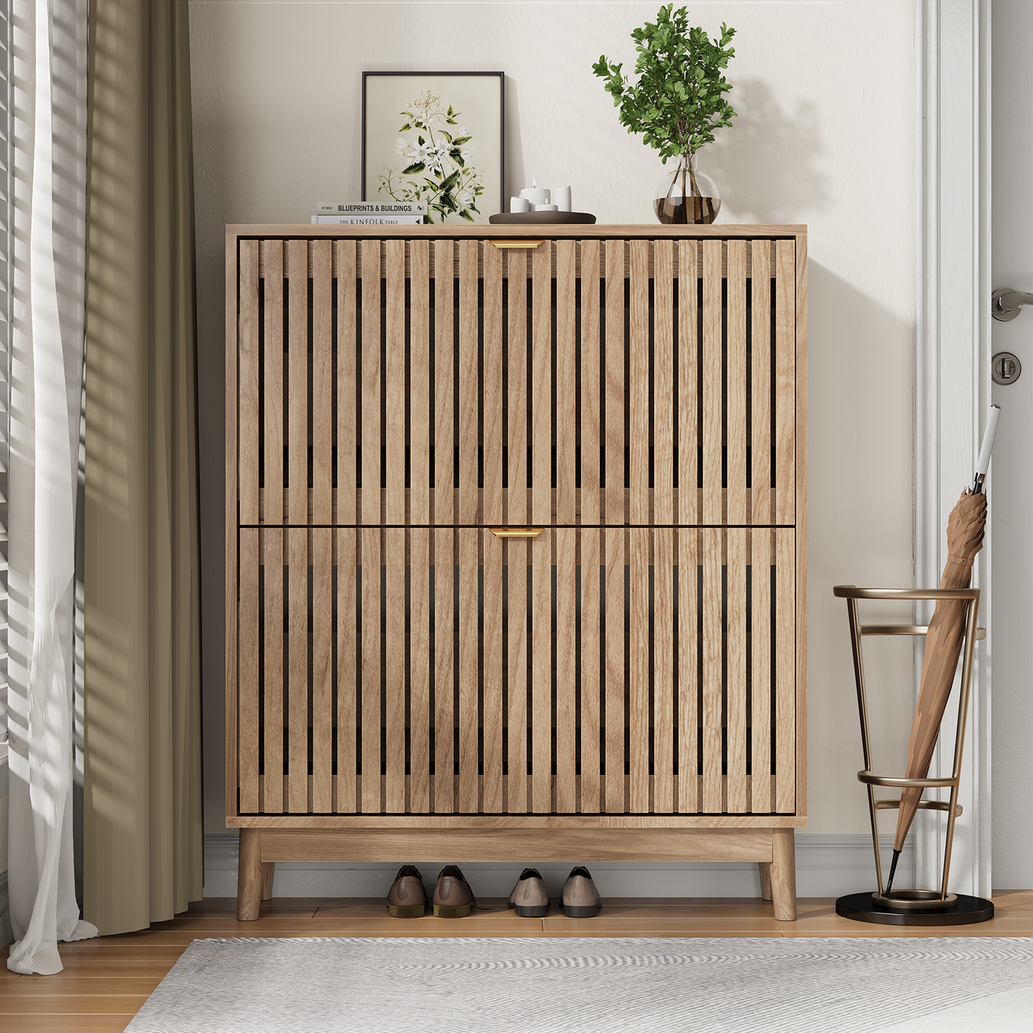 Semiocthome 31.5" Modern Shoe Cabinet, Shoe Storage Cabinet with 2 Flip Drawers for Entryway, Natural