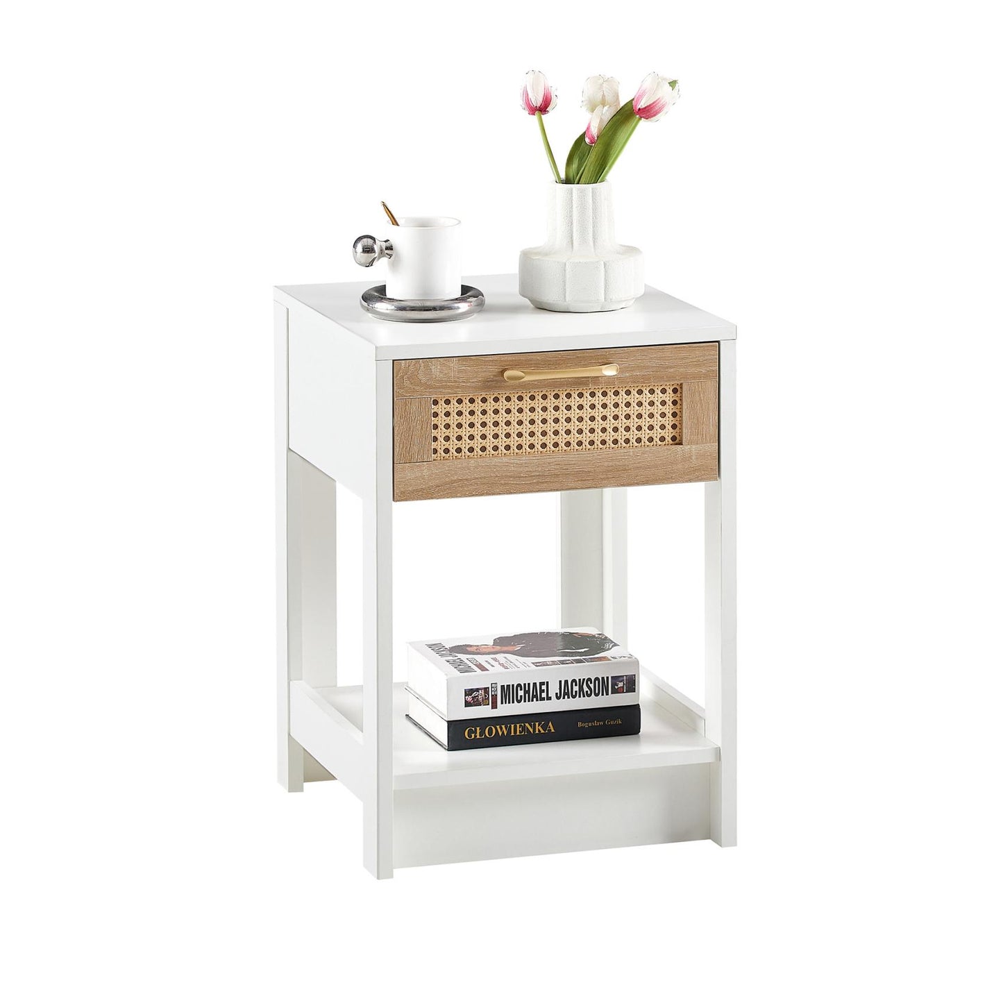 Smuxee Classic Wood Rattan Nightstand with 1 Drawer and Shelf,Side Tables for Living Room