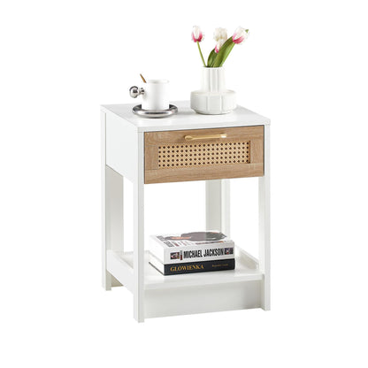 Smuxee Classic Wood Rattan Nightstand with 1 Drawer and Shelf,Side Tables for Living Room