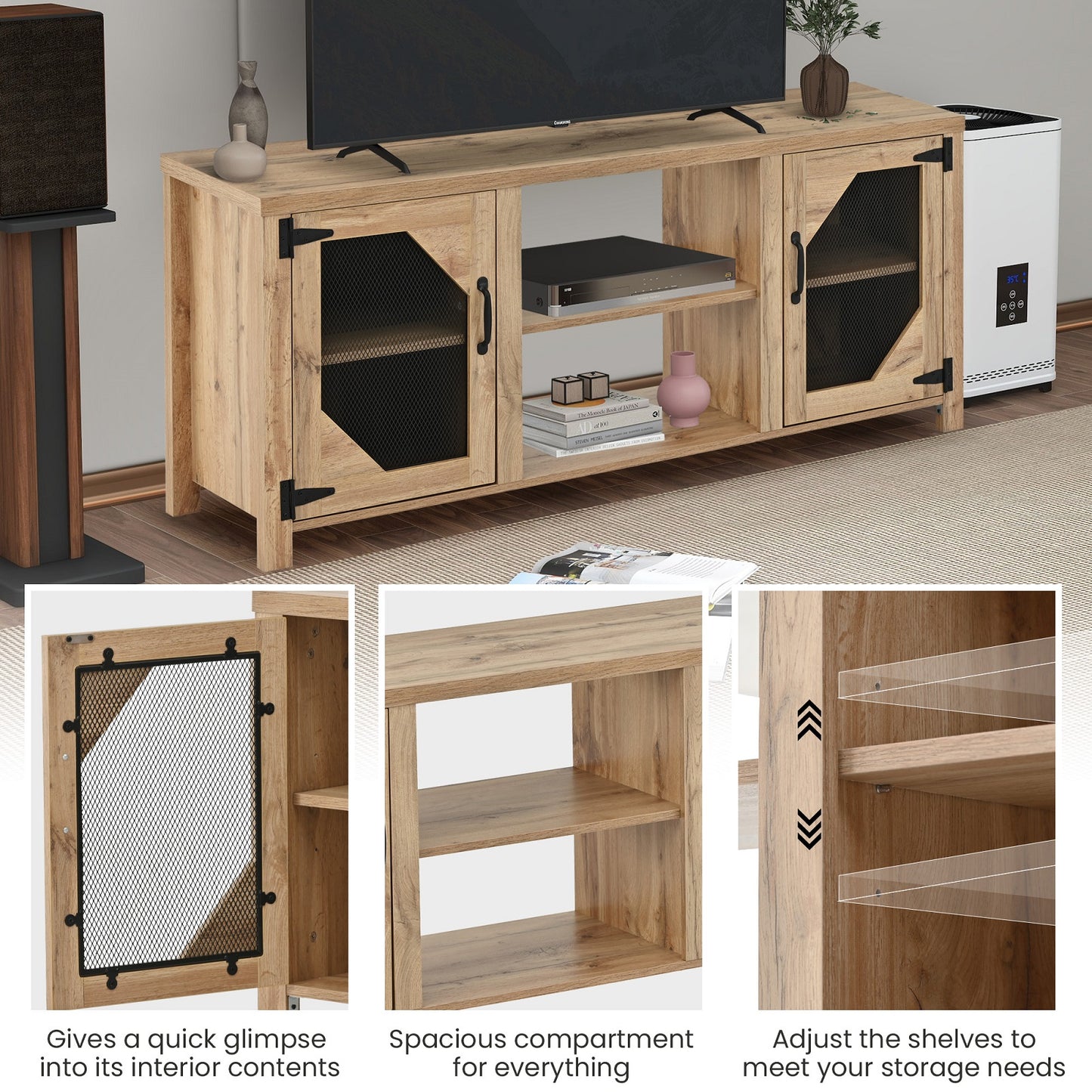 Algherohein Large Storage Wood TV Stands Console for 65'' TV,Entertainment Center for TVs,57.8in L