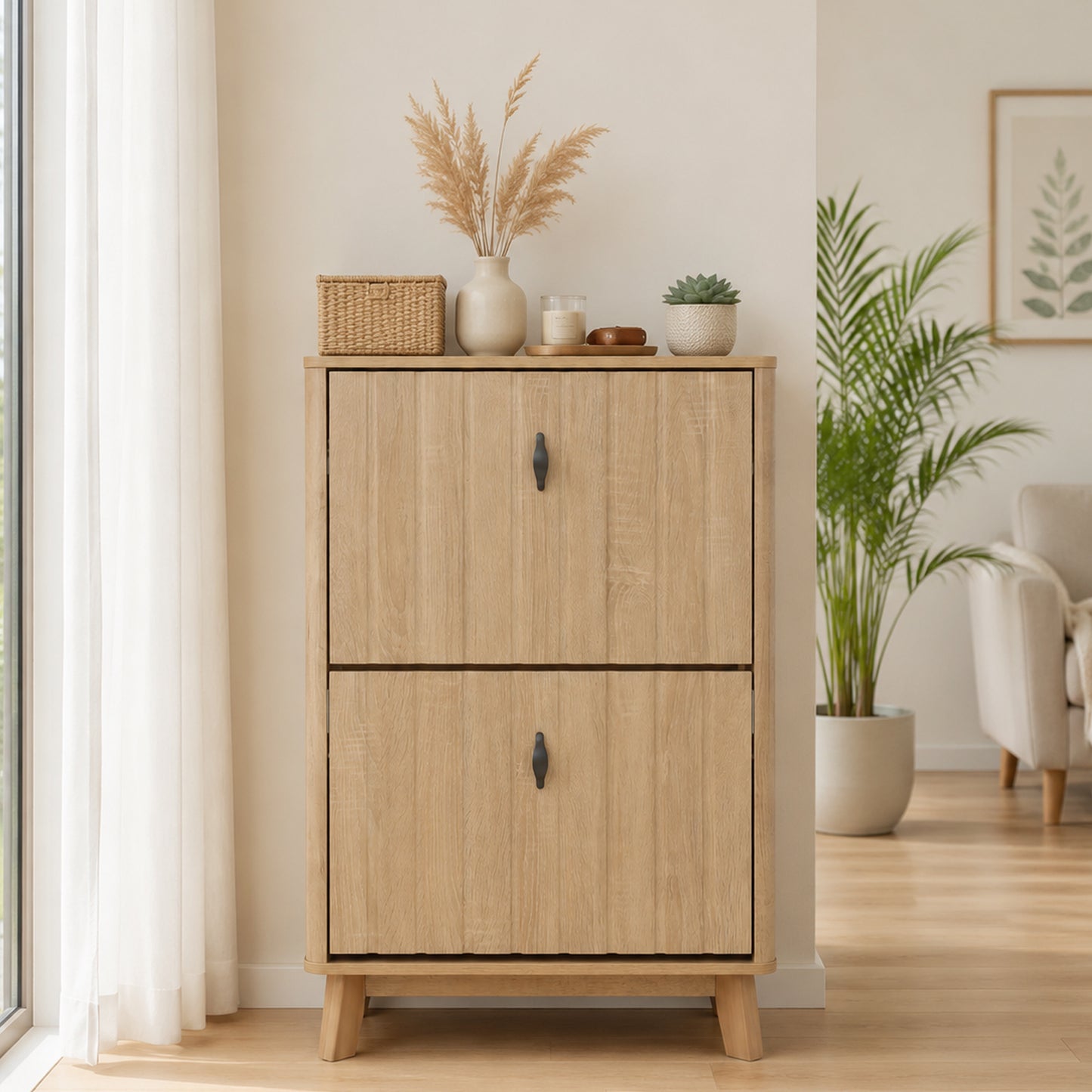 Semiocthome Modern Shoe Cabinet with 2 Flip Drawers Hidden Narrow Shoe Storage for Entryway, Oak