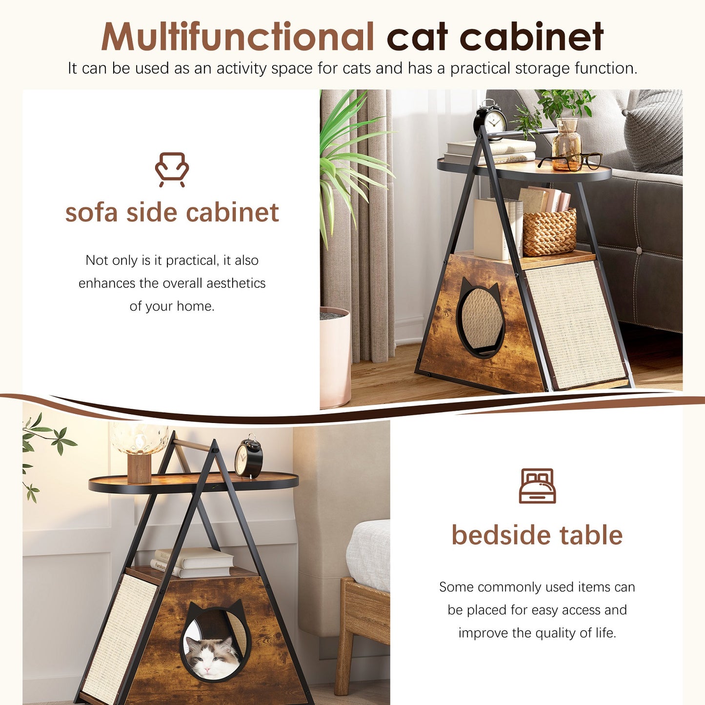 Algherohein Wood Side Table Cat House Box with Cat Scratcher,Home Storage Pet Condo Furniture,Brown