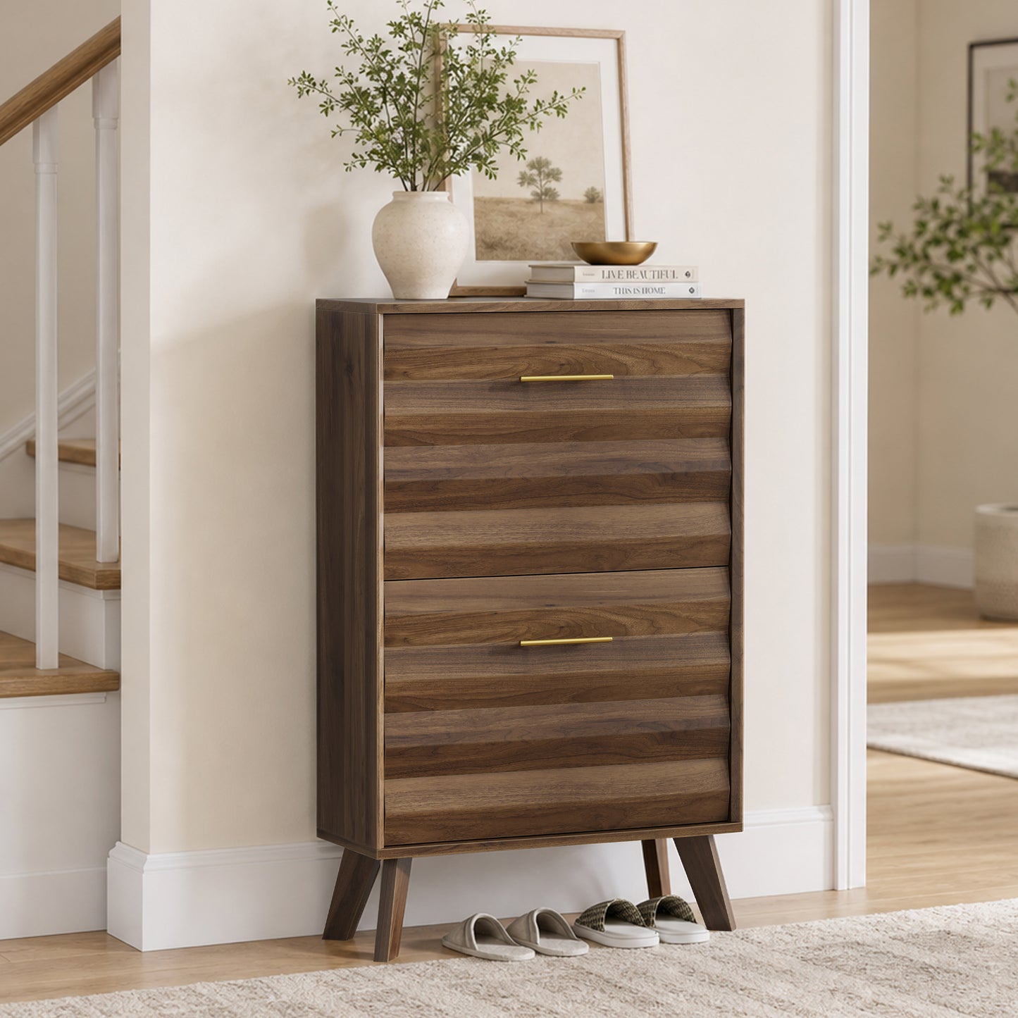 Semiocthome Mid-Century Shoe Cabinet, Shoe Storage with 2 Wavy Texture Drawers for Hallway, Walnut