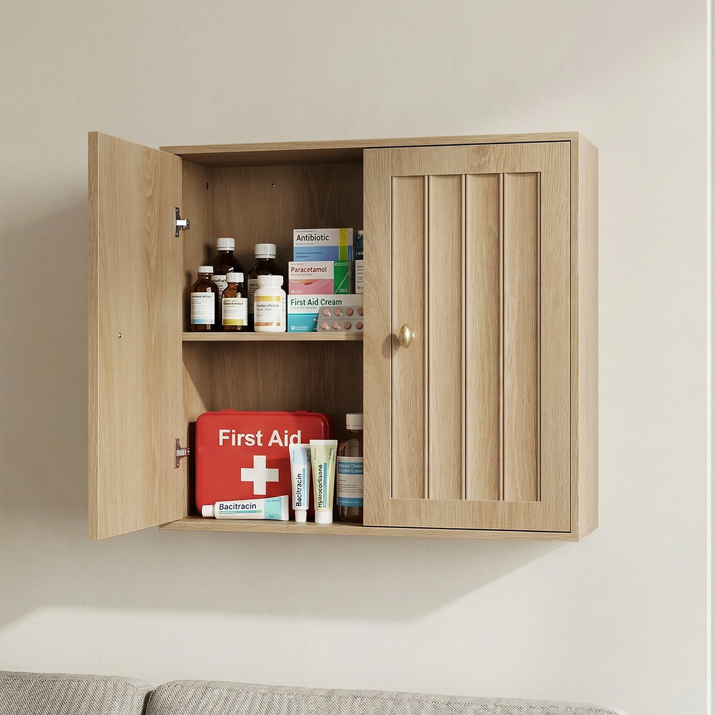 Smuxee Bathroom Wall Cabinet with Doors & Open Shelf, Wood Medicine Wall Mounted Bathroom Storage Organizer