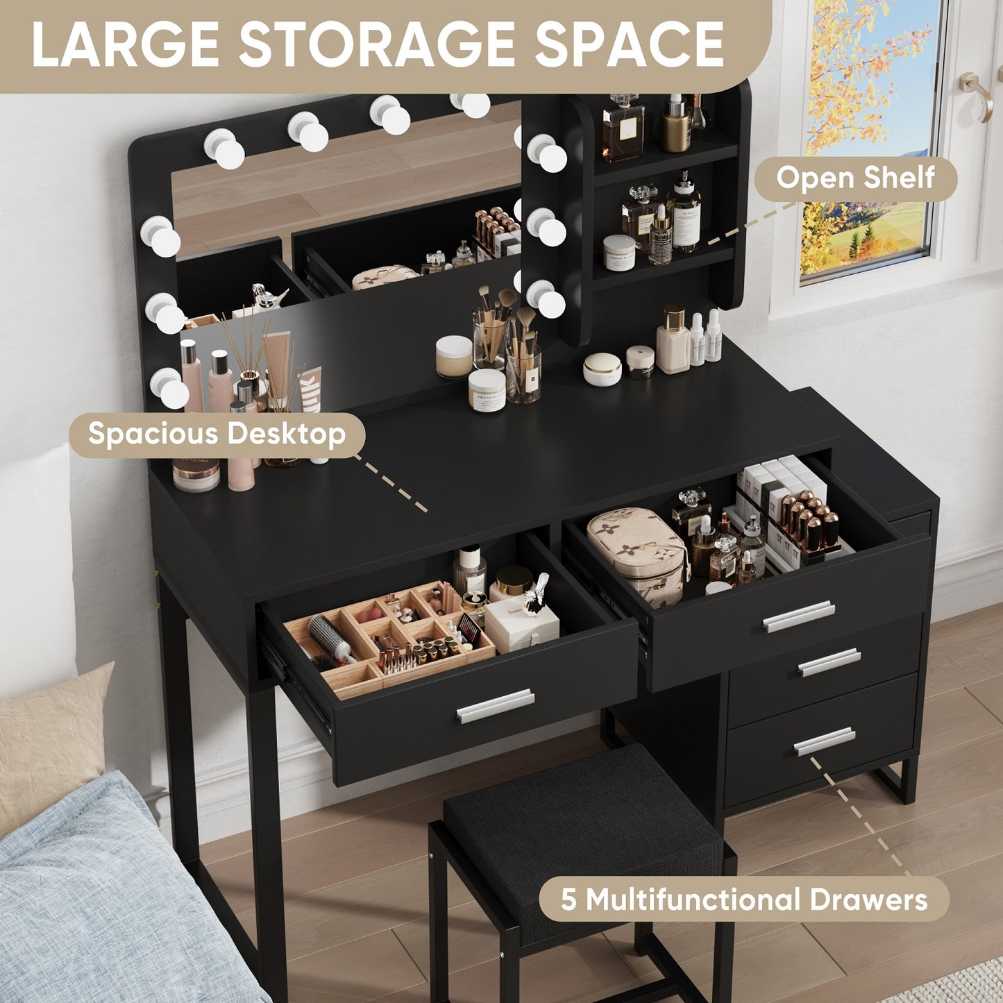 Algherohein Vanity Set with Mirror and Storage Cabinet,Makeup Vanity for Bedroom