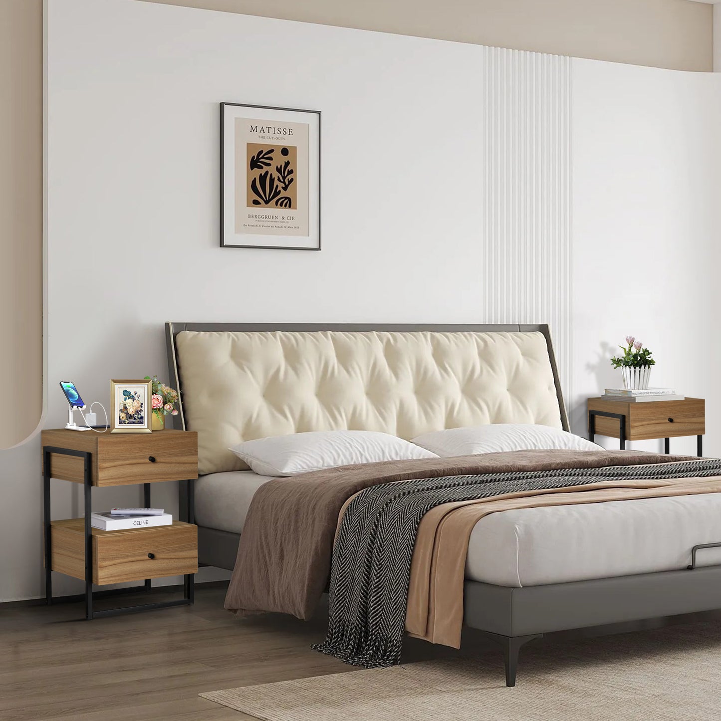 Semiocthome Nightstand Set of 2 with Charging Station and 2 Drawer,Bedside Table for Bedroom