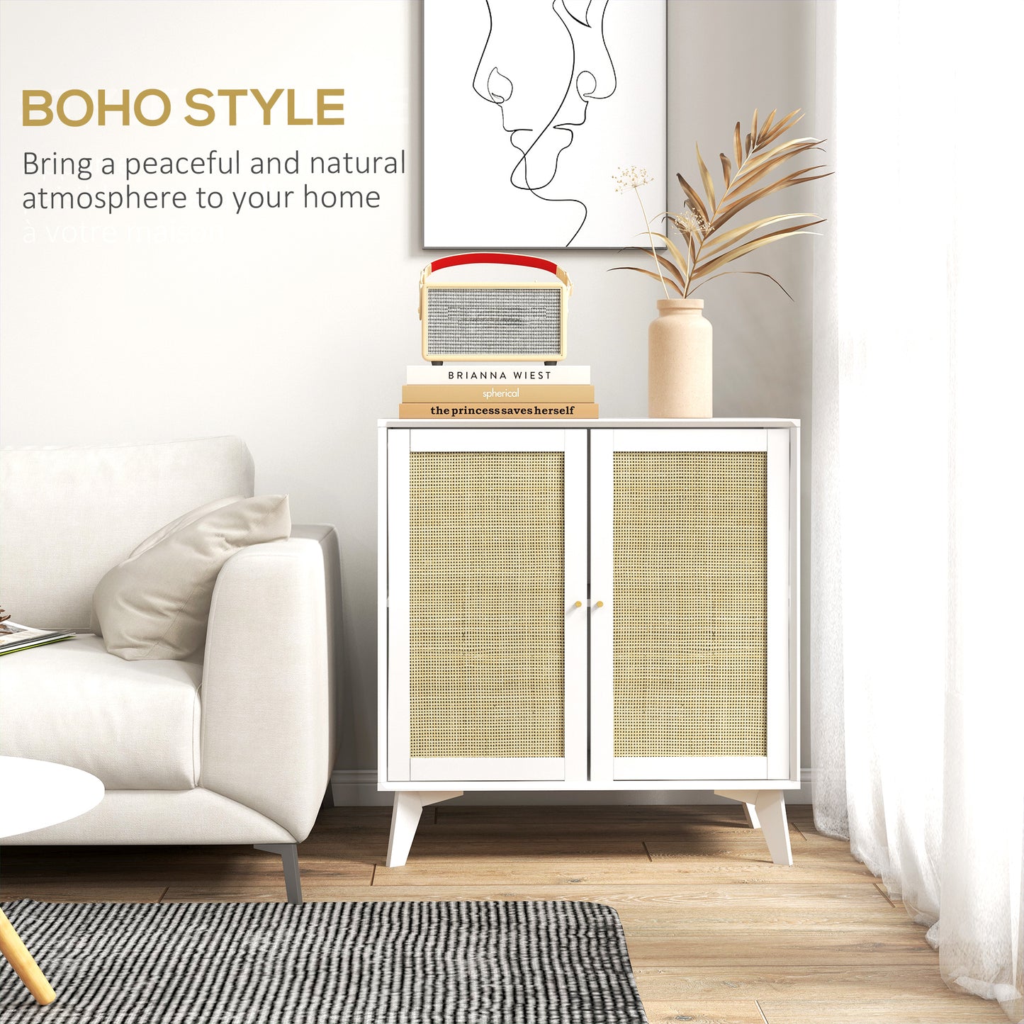 Smart FENDEE Wood Sideboard Buffet Kitchen Storage Cabinet with 2 Rattan Doors, White