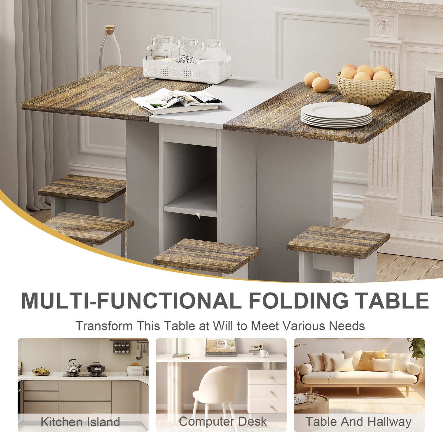 Algherohein Foldable Dinning Table Set for 4,Kitchen Dining Room Table with Storage and 6 Wheels,Brown