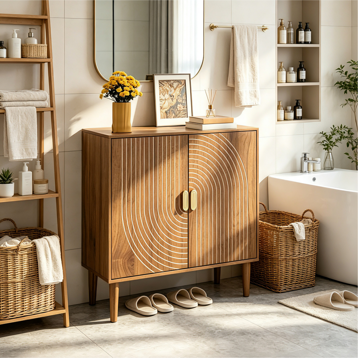 Smuxee Modern Wooden Bathroom Storage Cabinet with Carved Doors & Shelves, Freestanding Bathroom Storage Organizer,Walnut