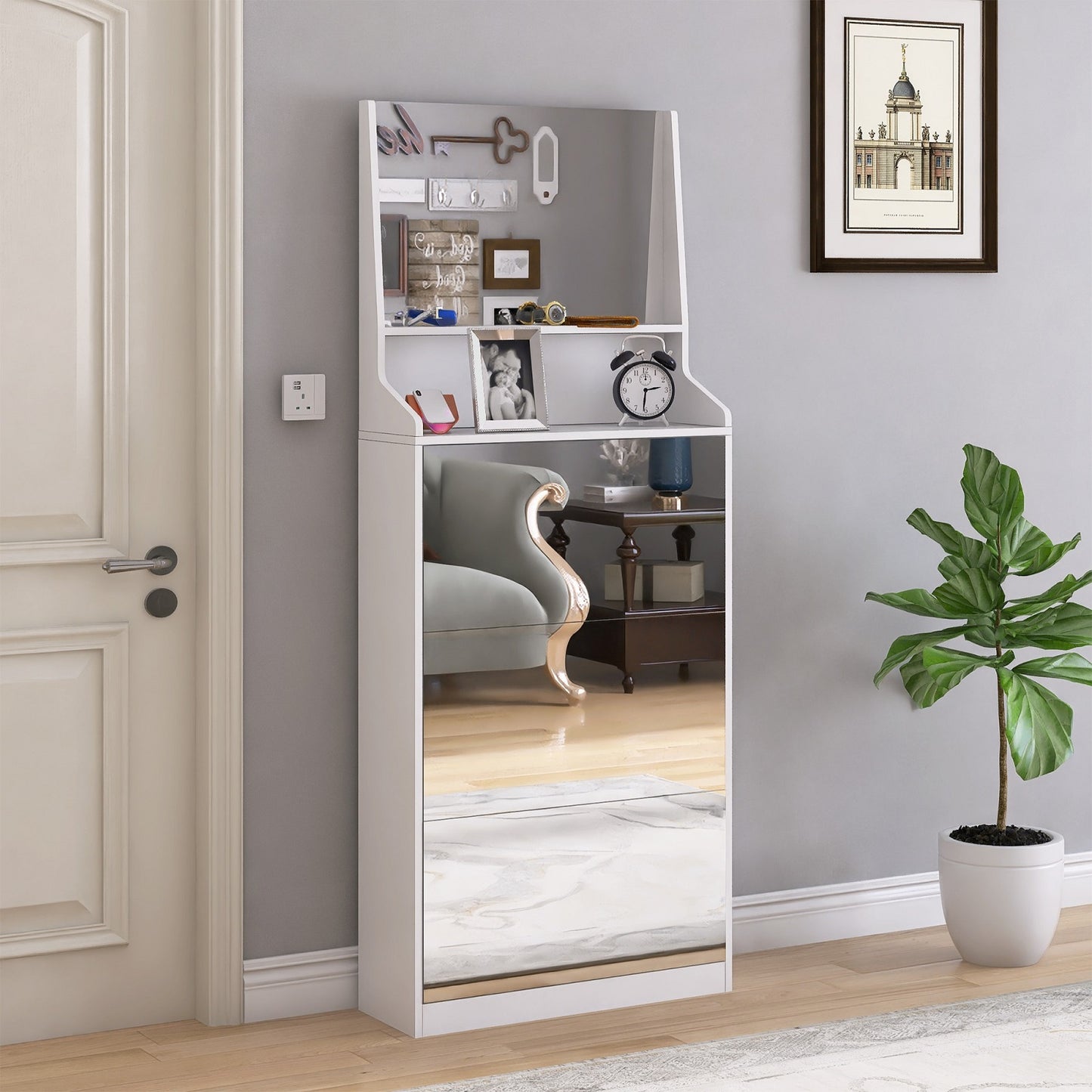 Algherohein Shoe Storage Cabinet with Mirrors,3 Srawers Shoe Rack for Entryway,White
