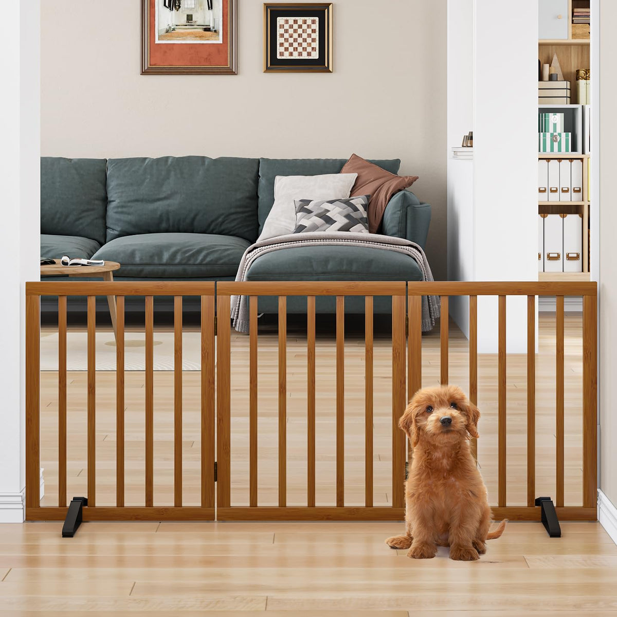 Smart FENDEE Bamboo Dog Gate Freestanding Pet Gate with 2 Support Feet for Doorways,Walnut,24"H