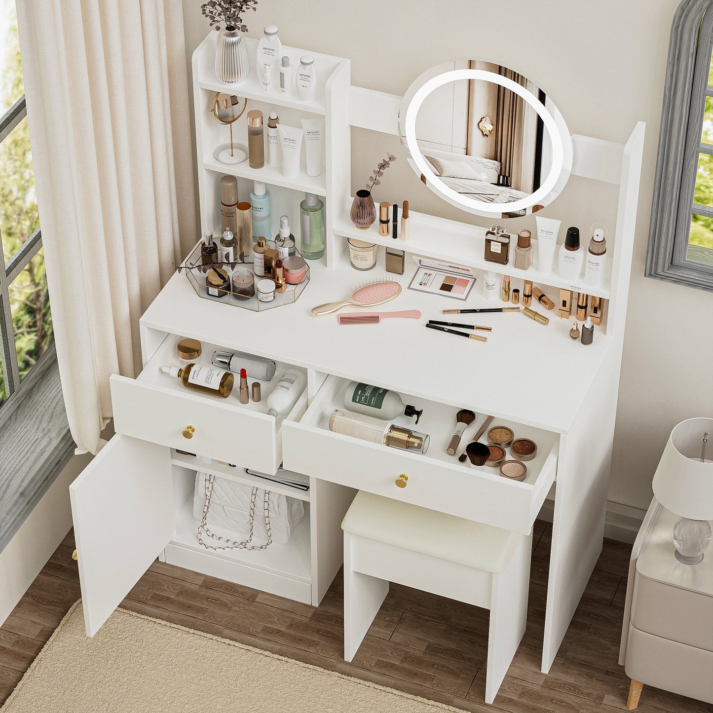 Smuxee Modern Vanity Set with Mirror and Cushioned Vanity Chair,Makeup Vanity for Bedroom,White