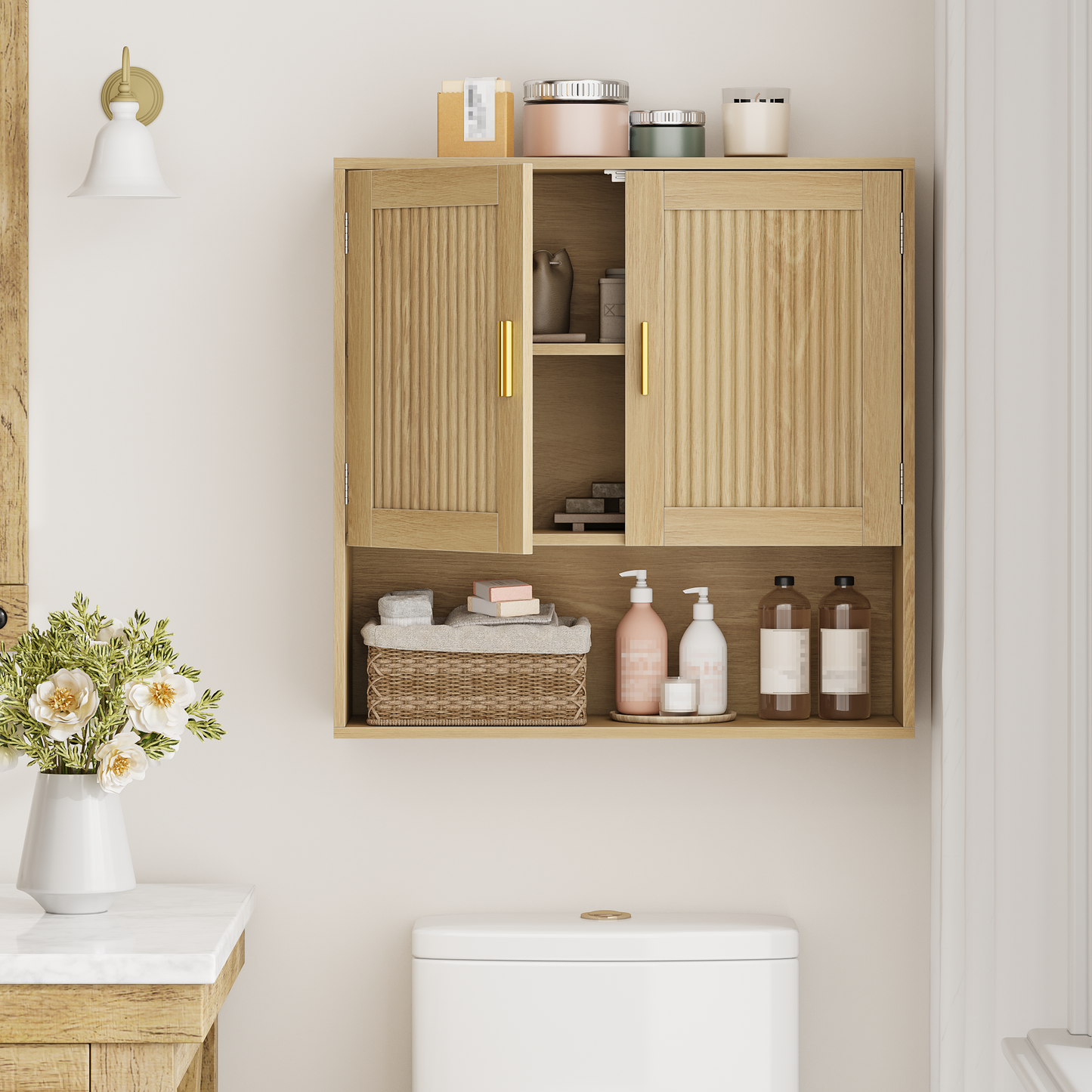 Semiocthome Wall Mounted Bathroom Cabinet Medicine Cabinet with Adjustable Shelves, Fluted Doors,Oak