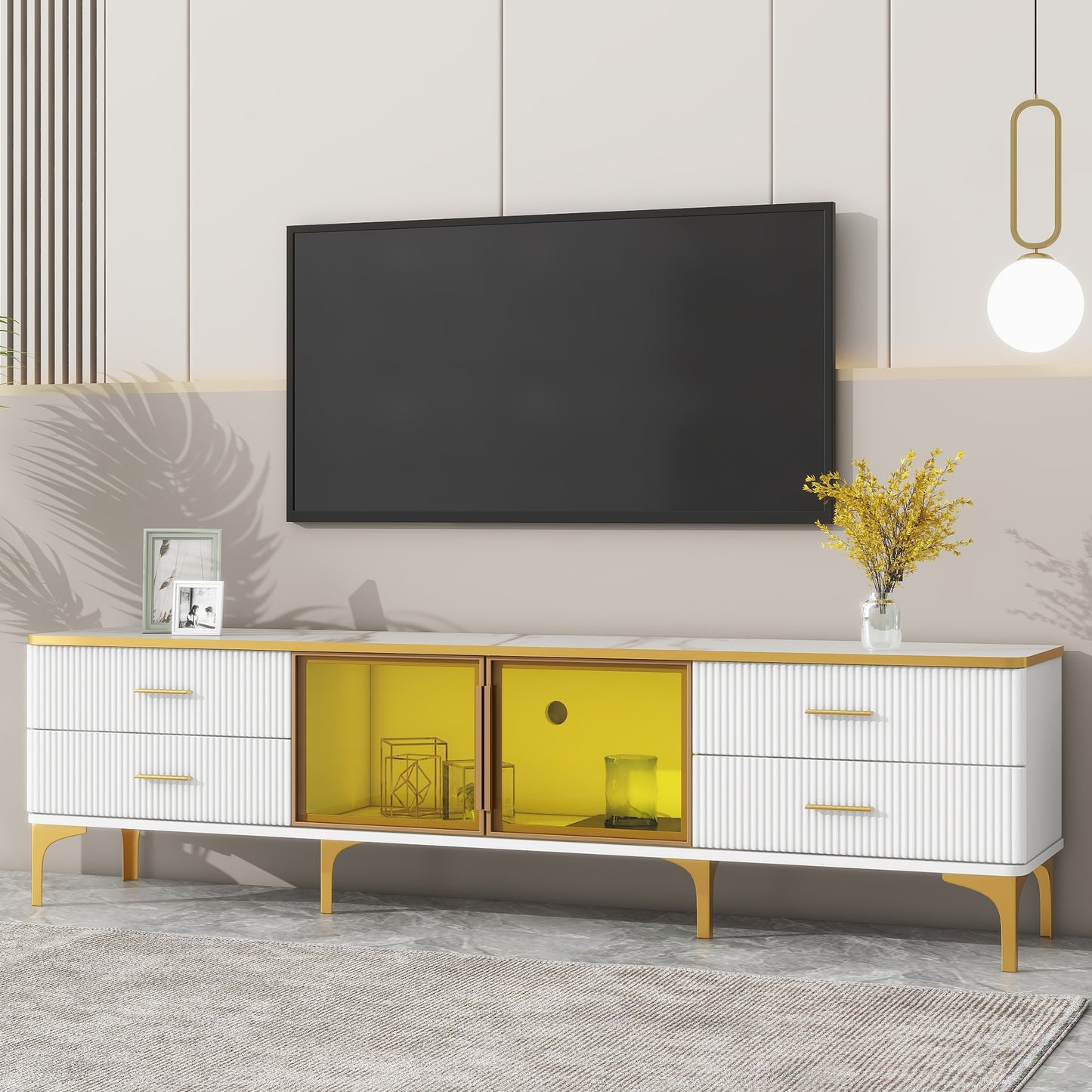 Semiocthome LED TV Stand for TVs Up to 78'' with Glass Cabinet and 4 Drawer, Living Room