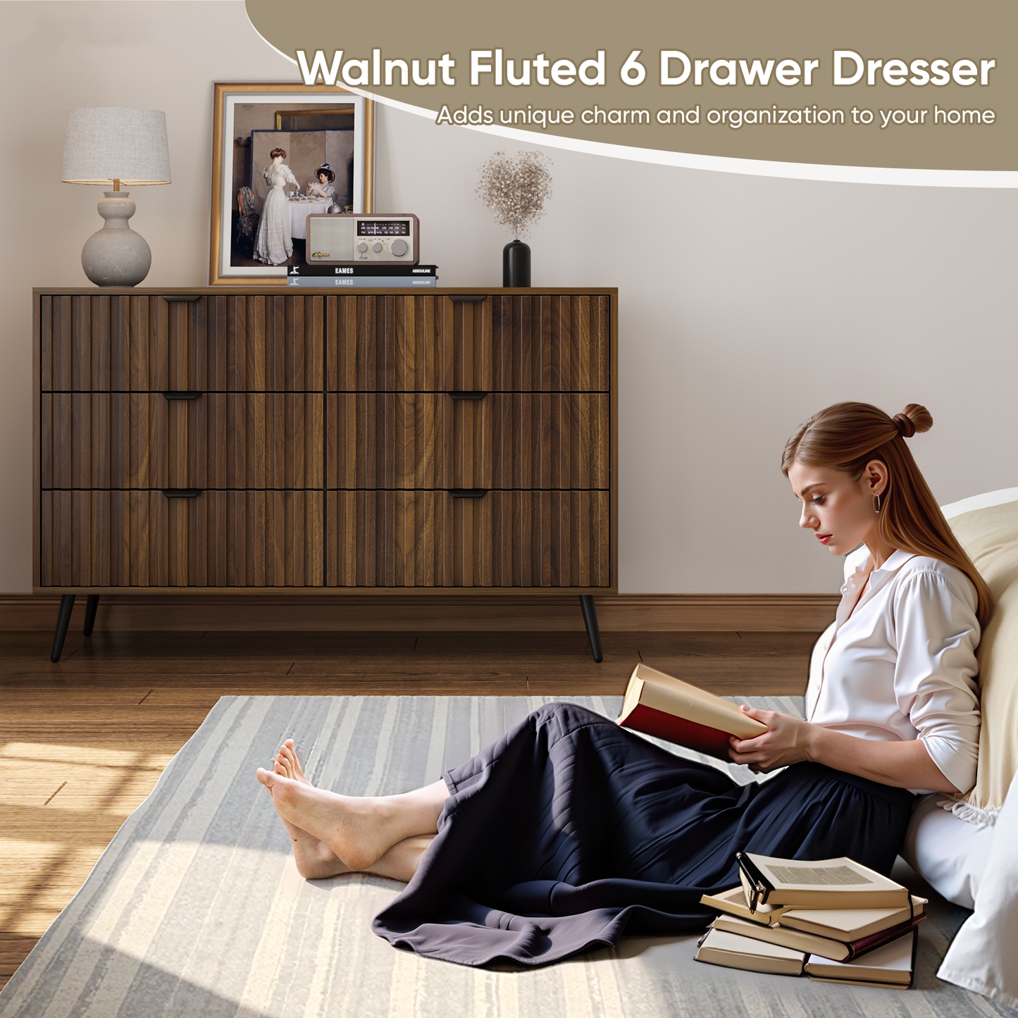 Semiocthome Dresser with 6 Fluted Drawers, Chest of Drawers, Storage Cabinet for Bedroom, Walnut,