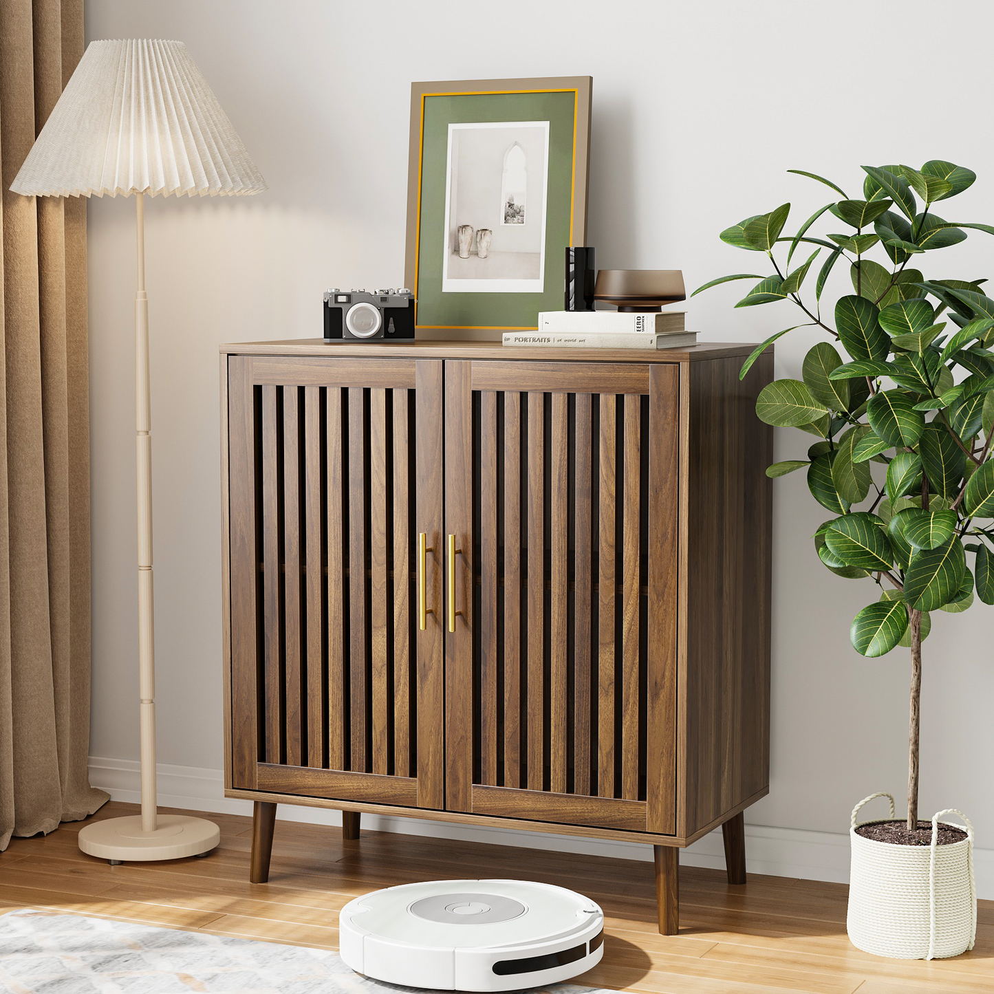 Semiocthome Buffet Cabinet with Storage, 35" Tall Sideboard with 2 Slatted Doors and Adjustable Shelf,  Coffee Bar for Dining Room, Kitchen, Walnut