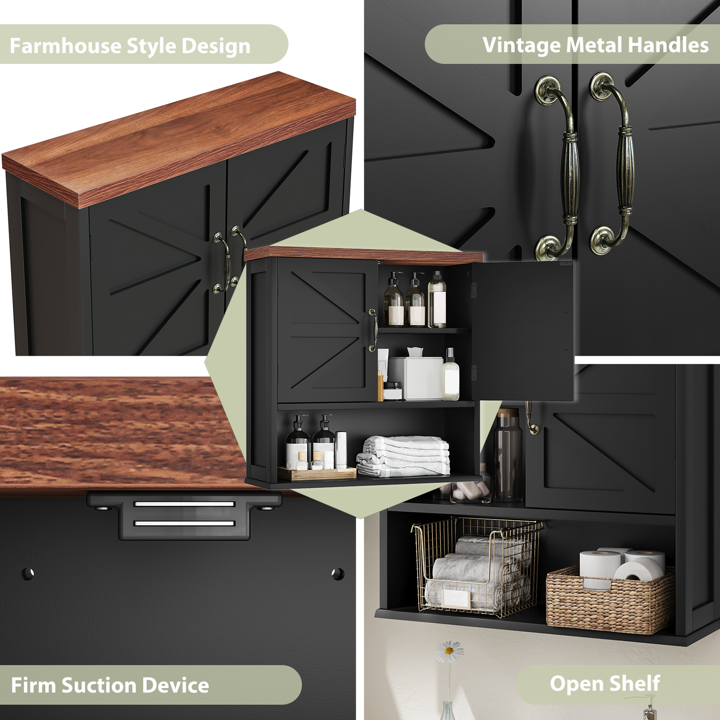 Semiocthome Farmhouse Bathroom Cabinet Medicine Cabinet with Adjustable Shelf for Bathroom, Black
