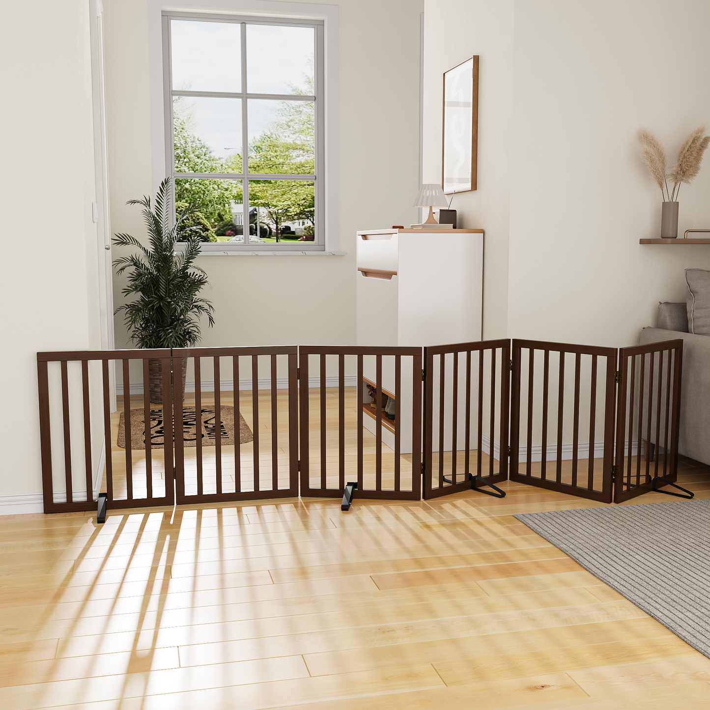 Smart FENDEE Bamboo Dog Gate Freestanding 6 Panel Pet Gate for Doorways, 4 Support Feet, Espresso