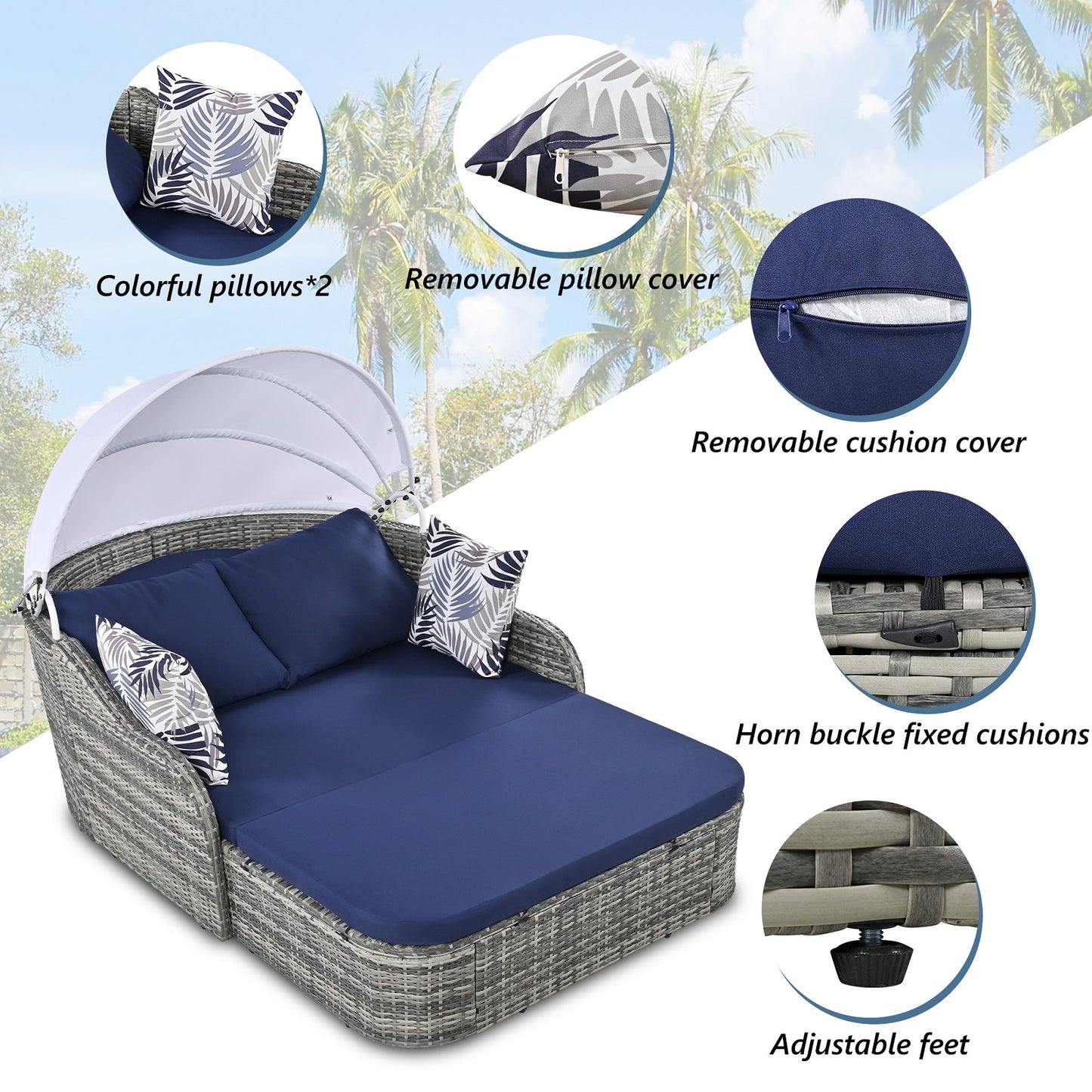 Algherohein PE Rattan Outdoor Daybed with Adjustable Canopy and Cushions,Patio Couch Bed