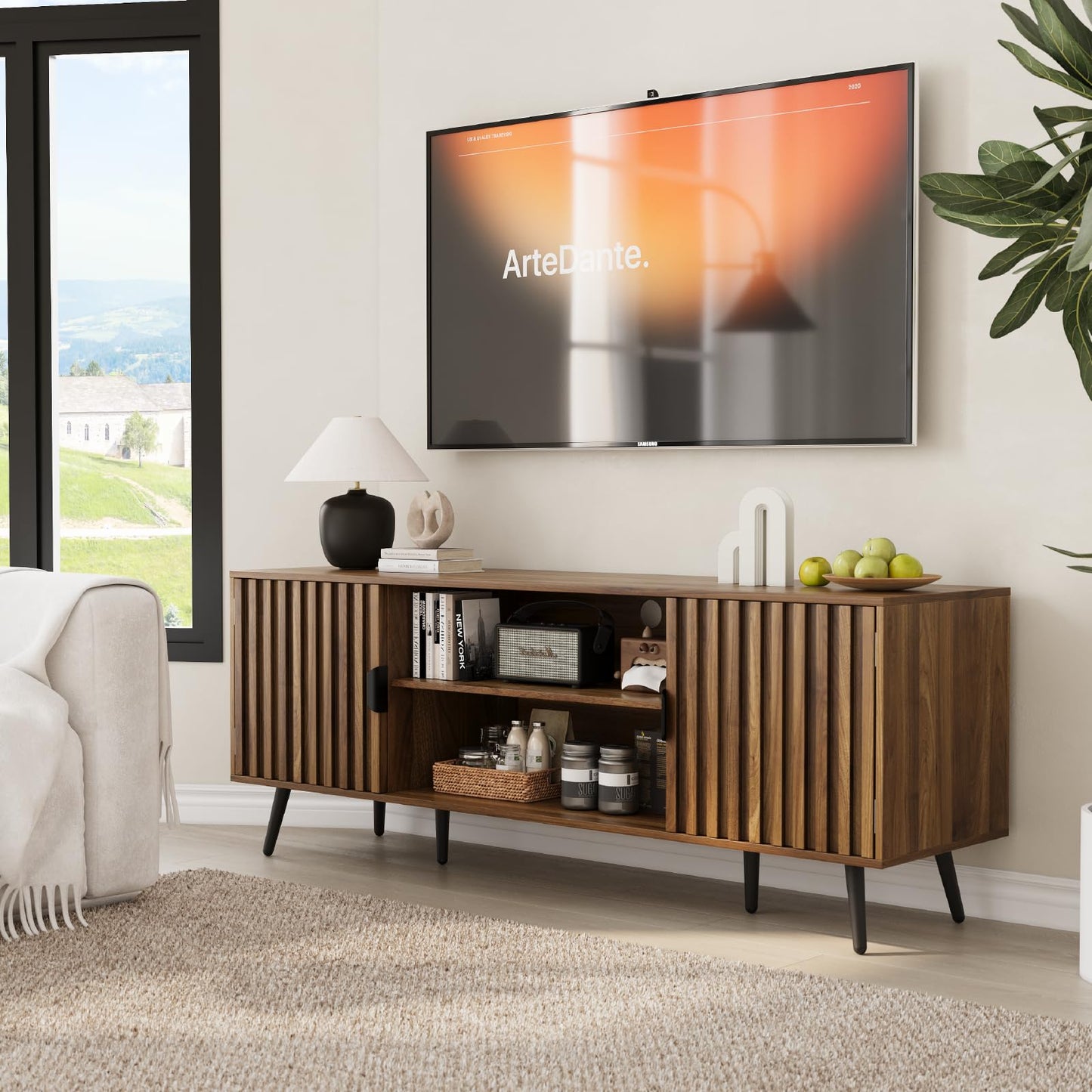 Semiocthome 55" TV Stand with 2 Cabinets and Shelf, Fits 30" to 60" TV for Living Room, Walnut